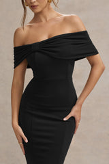 Black Bardot Bow Detail Midi Dress