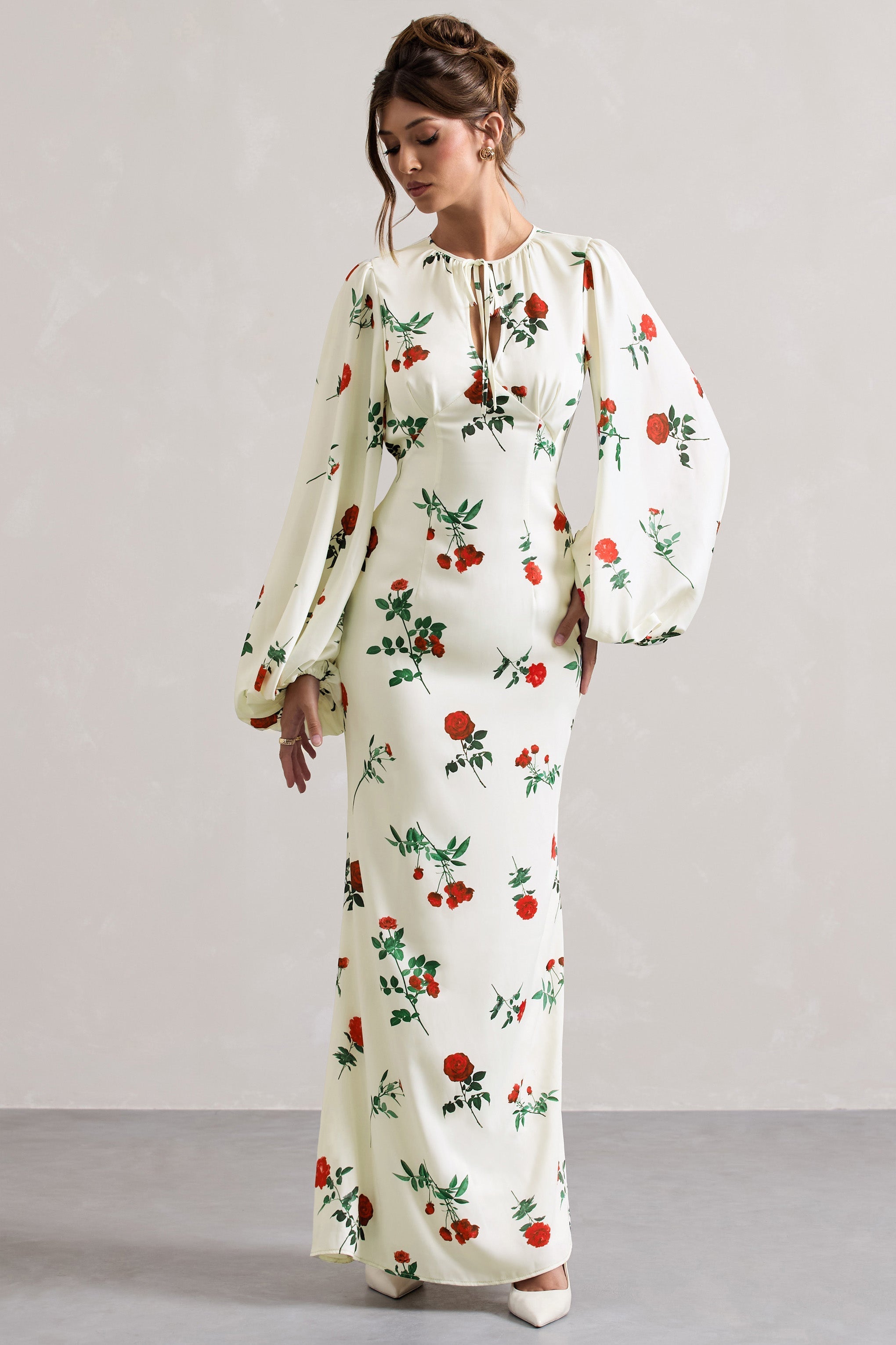 Rose Print Satin Puff-Sleeve Cut-Out Maxi Dress
