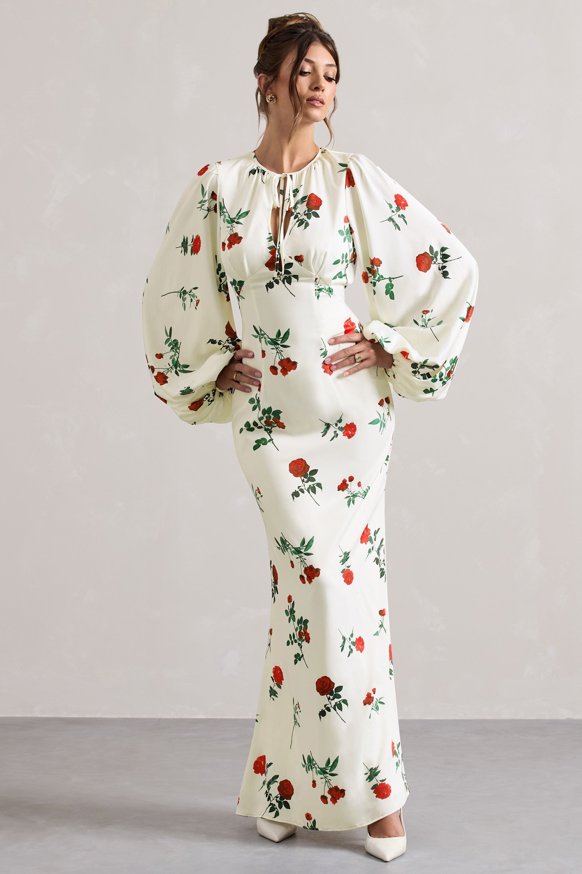 Rose Print Satin Puff-Sleeve Cut-Out Maxi Dress