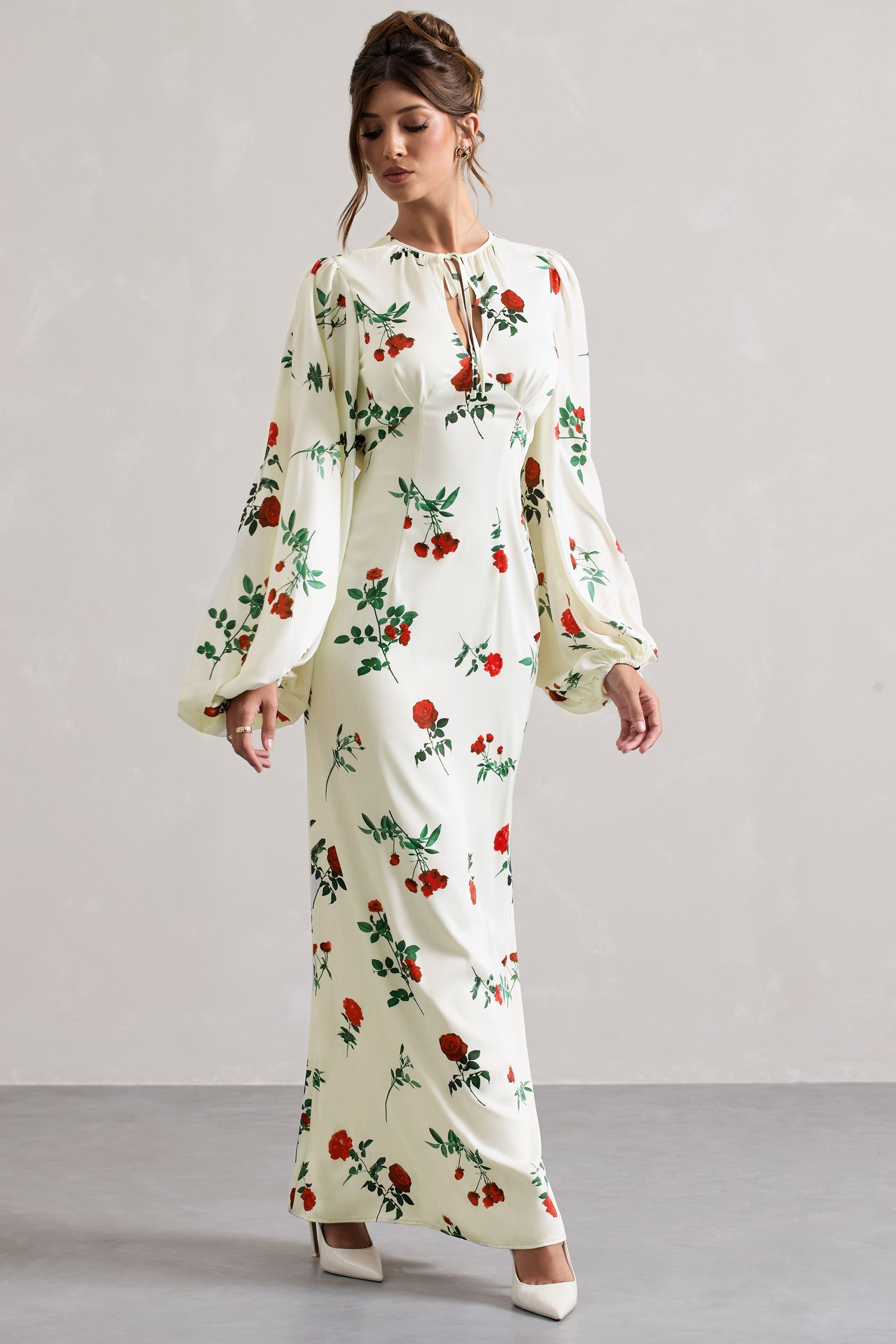 Rose Print Satin Puff-Sleeve Cut-Out Maxi Dress