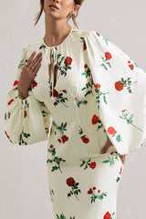 Rose Print Satin Puff-Sleeve Cut-Out Maxi Dress