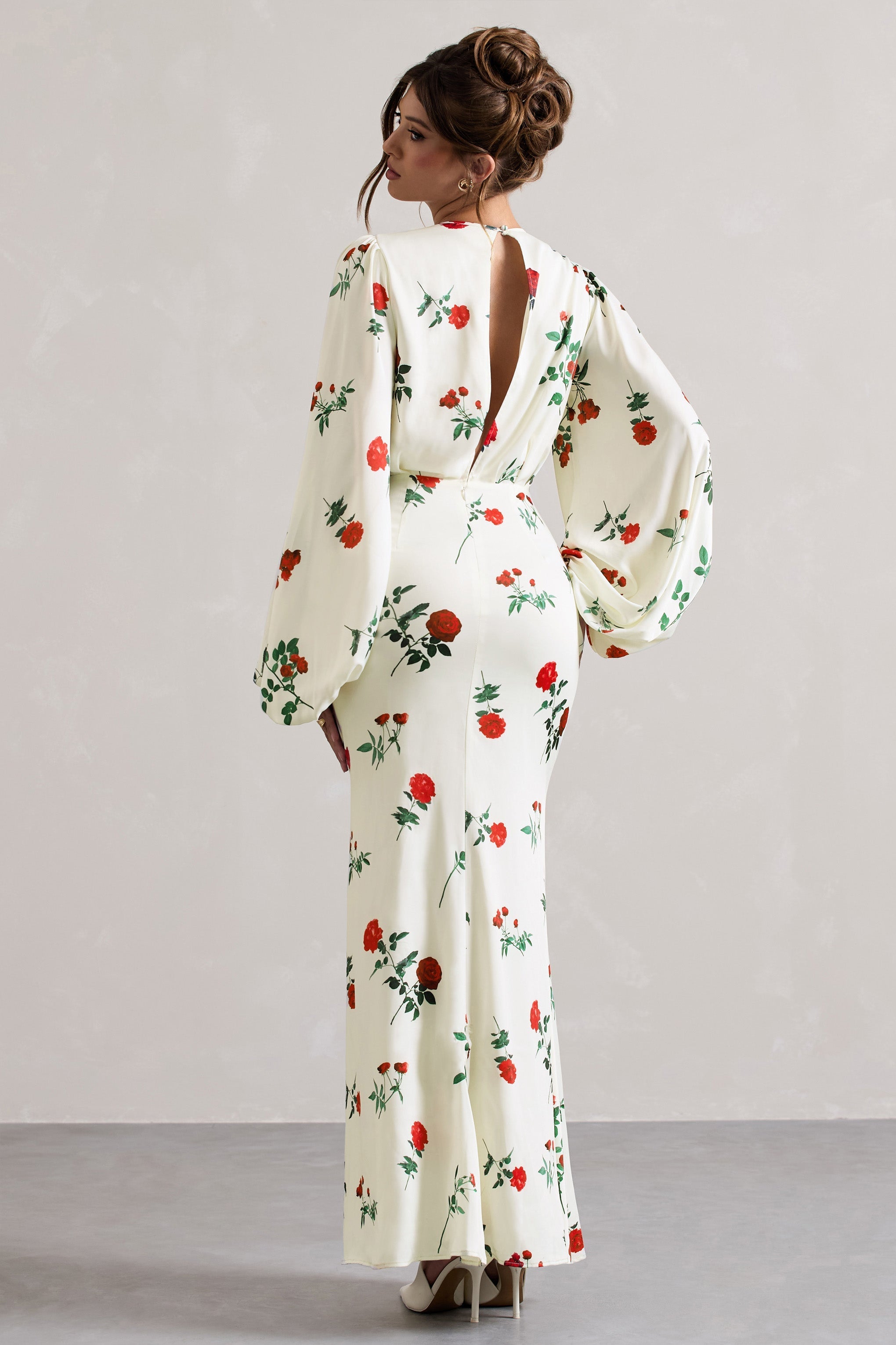 Rose Print Satin Puff-Sleeve Cut-Out Maxi Dress