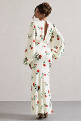 Rose Print Satin Puff-Sleeve Cut-Out Maxi Dress