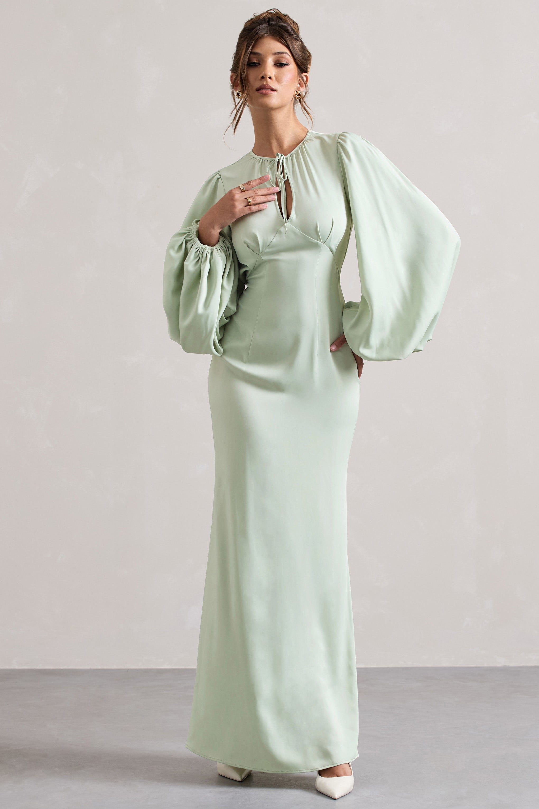 Light Green Puff-Sleeve Cut-Out Maxi Dress