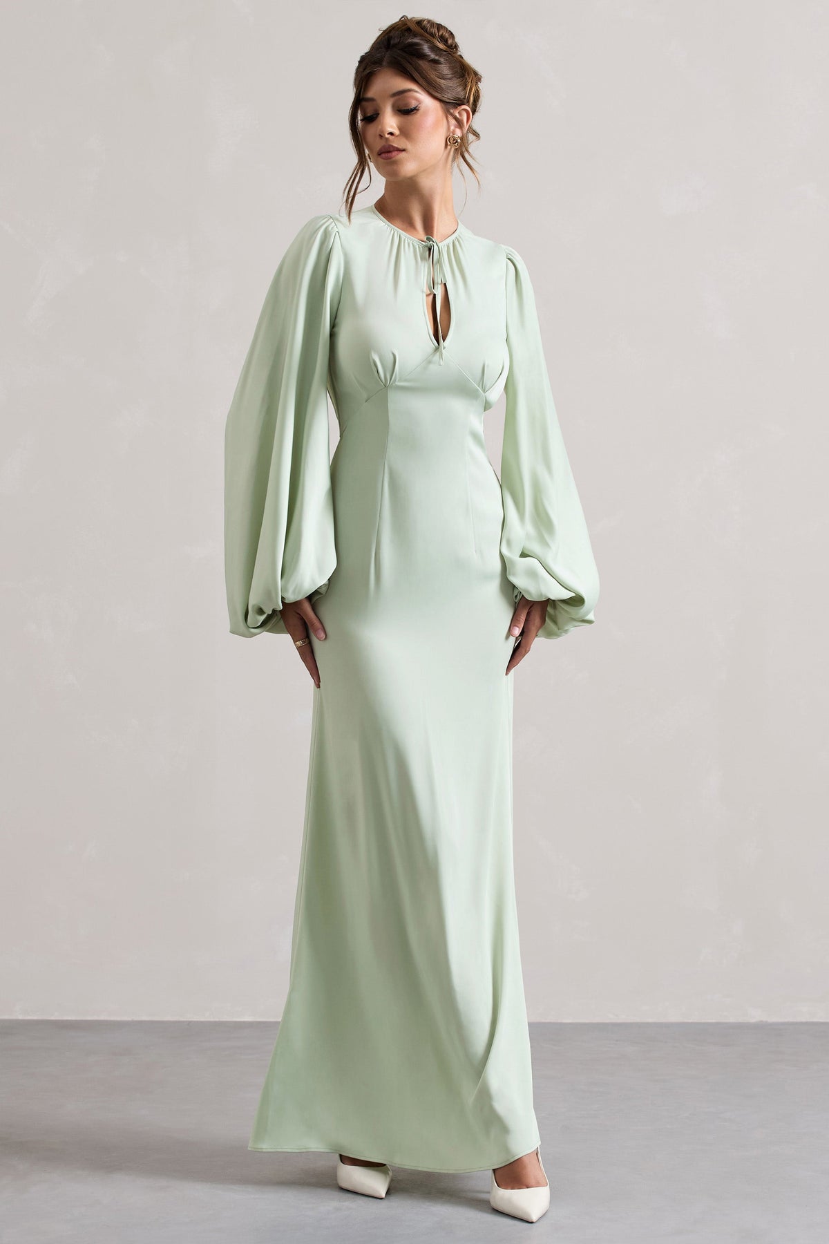 Light Green Puff-Sleeve Cut-Out Maxi Dress