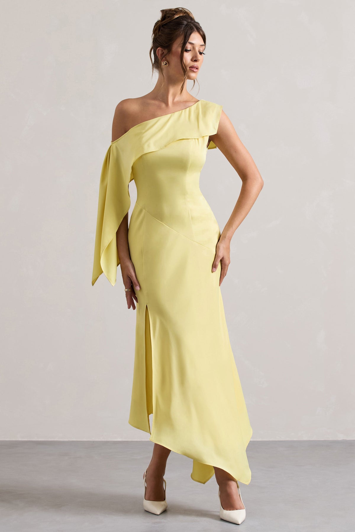 Lemon Satin Asymmetric Draped Split Maxi Dress