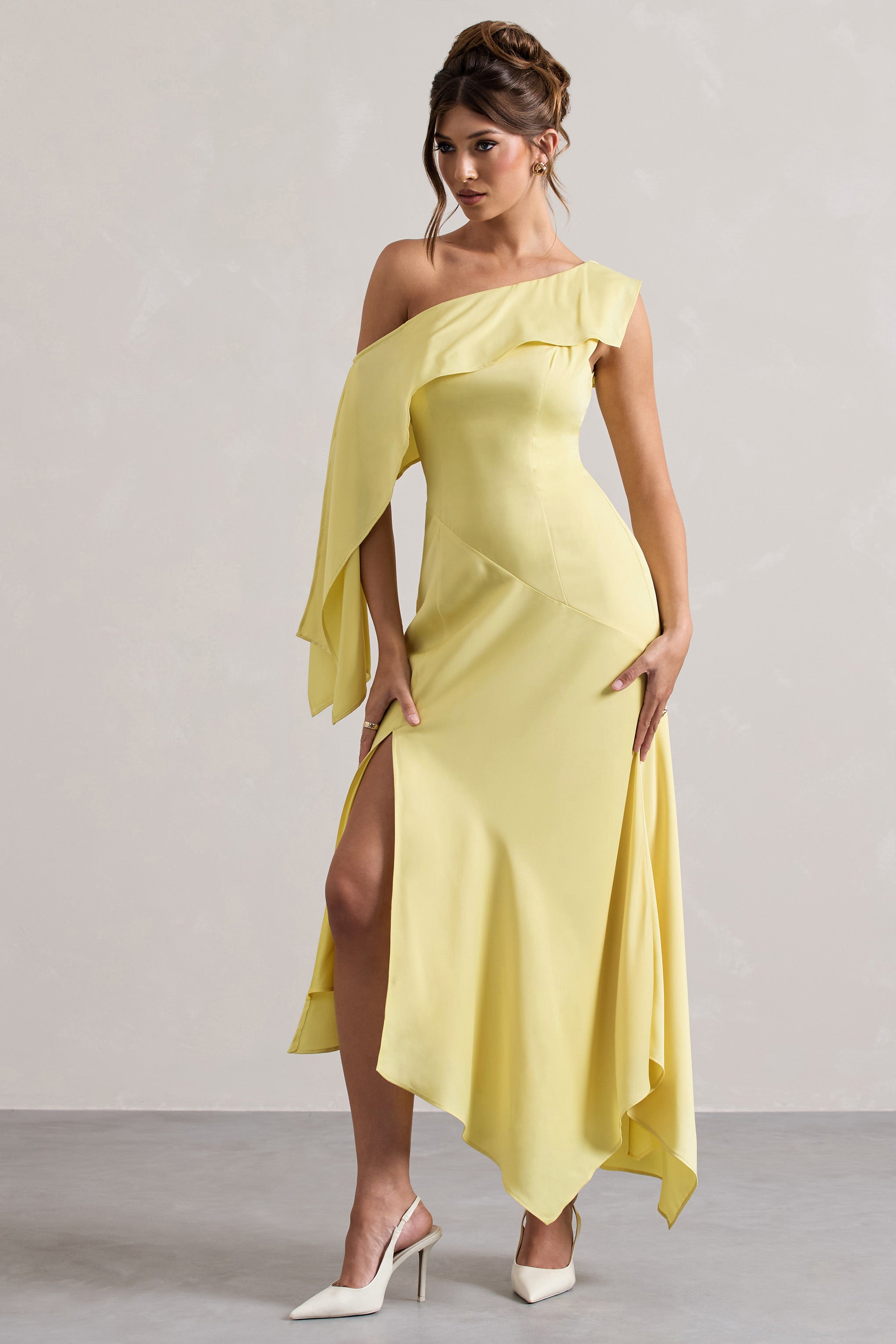Lemon Satin Asymmetric Draped Split Maxi Dress