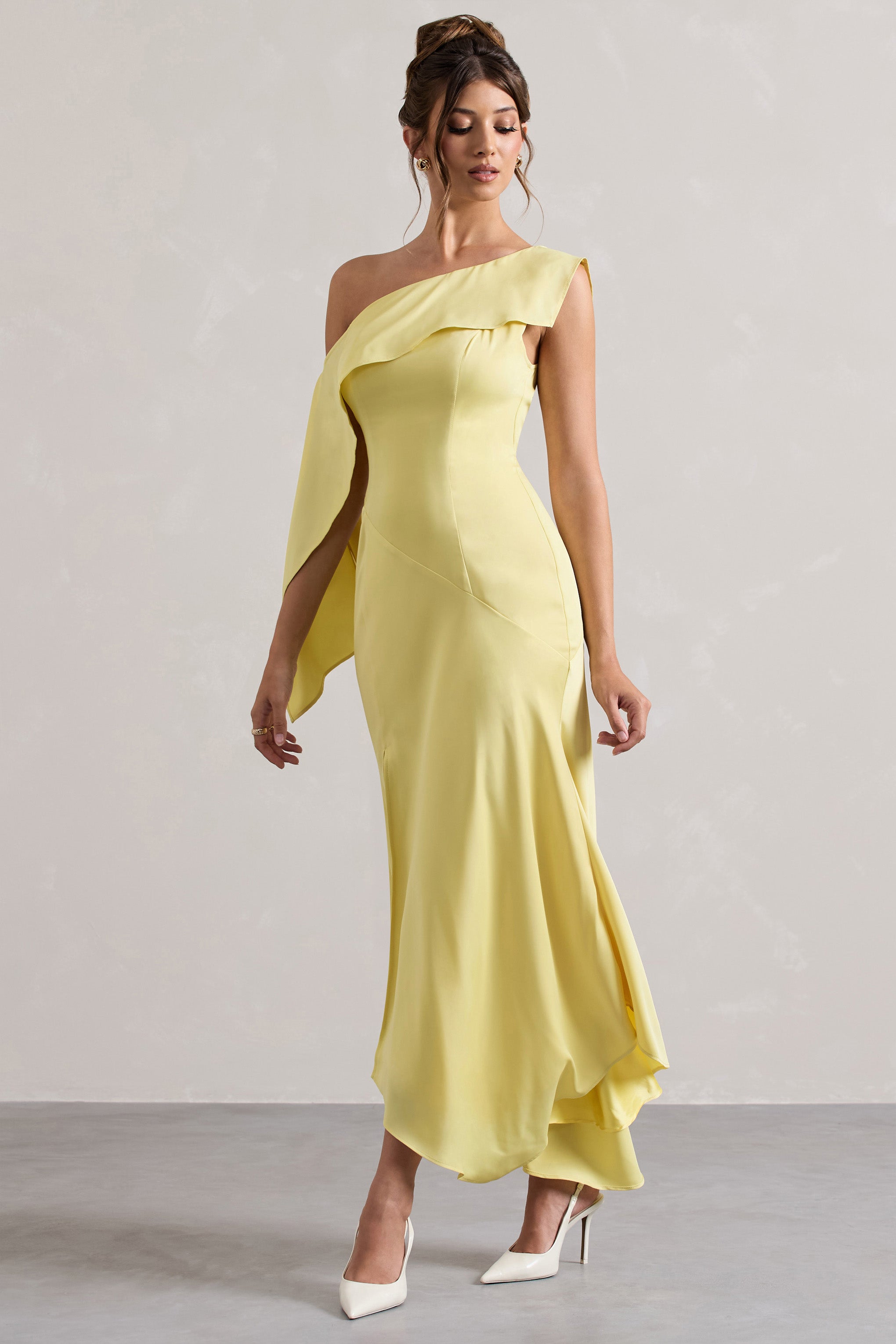 Lemon Satin Asymmetric Draped Split Maxi Dress