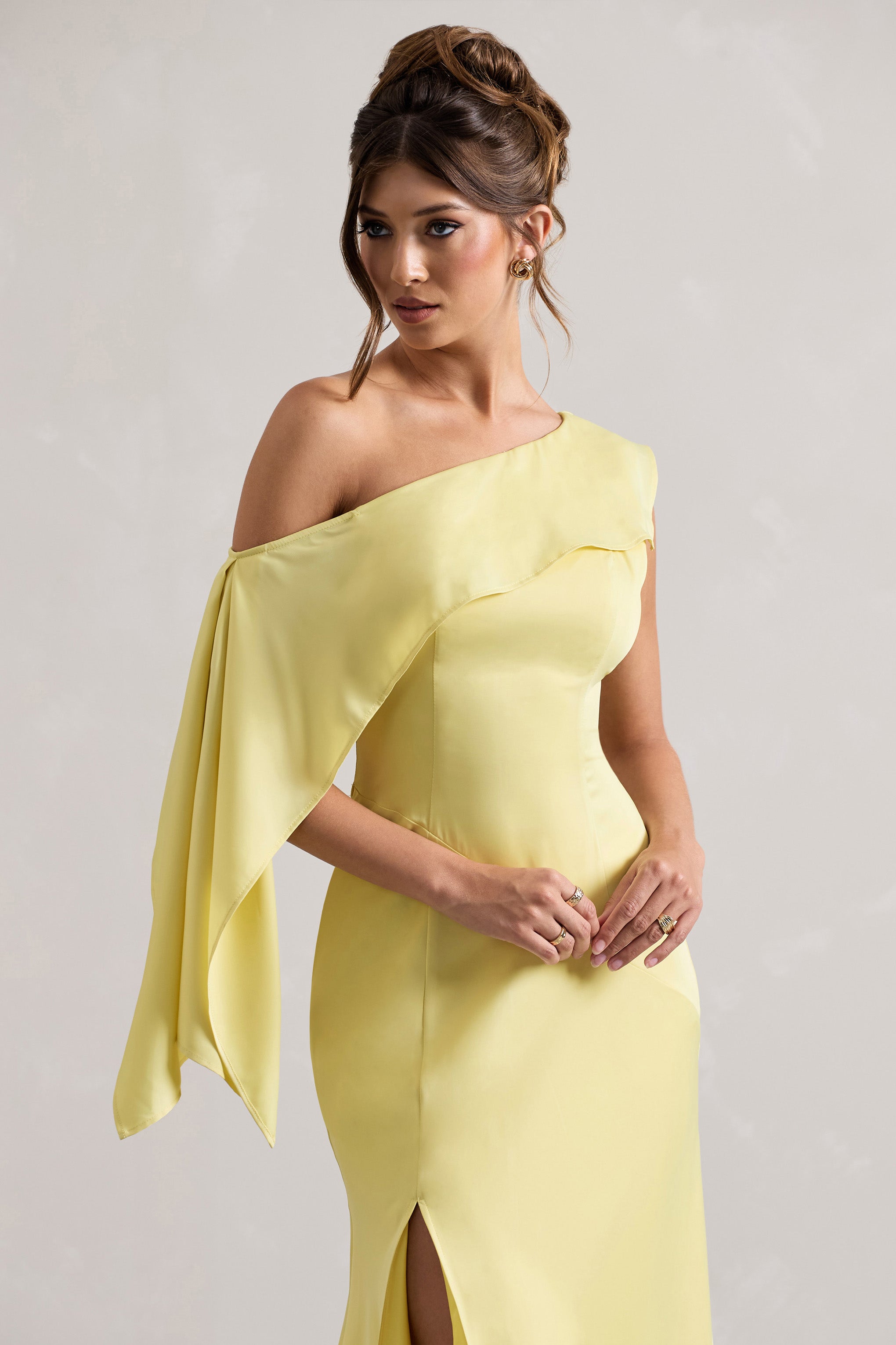 Lemon Satin Asymmetric Draped Split Maxi Dress