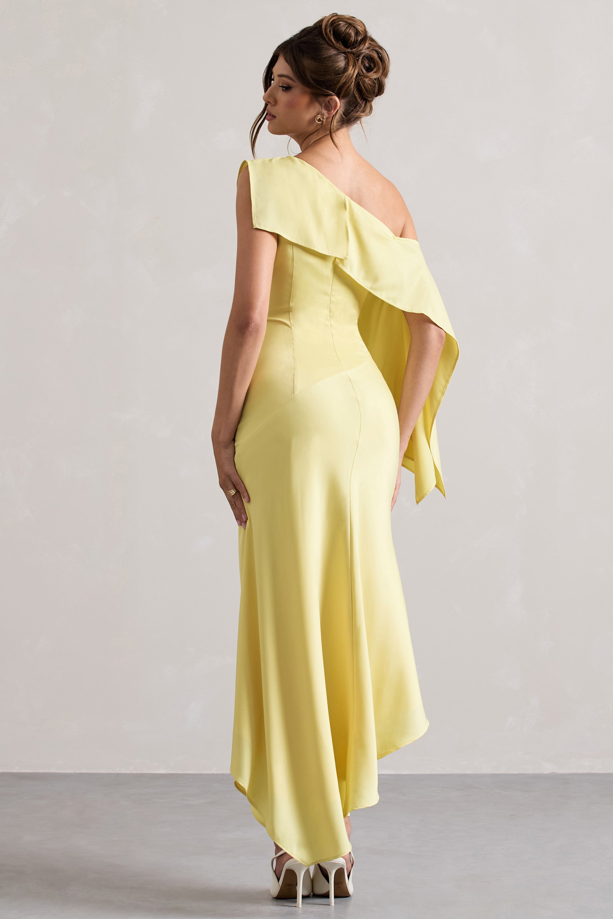 Lemon Satin Asymmetric Draped Split Maxi Dress