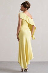Lemon Satin Asymmetric Draped Split Maxi Dress