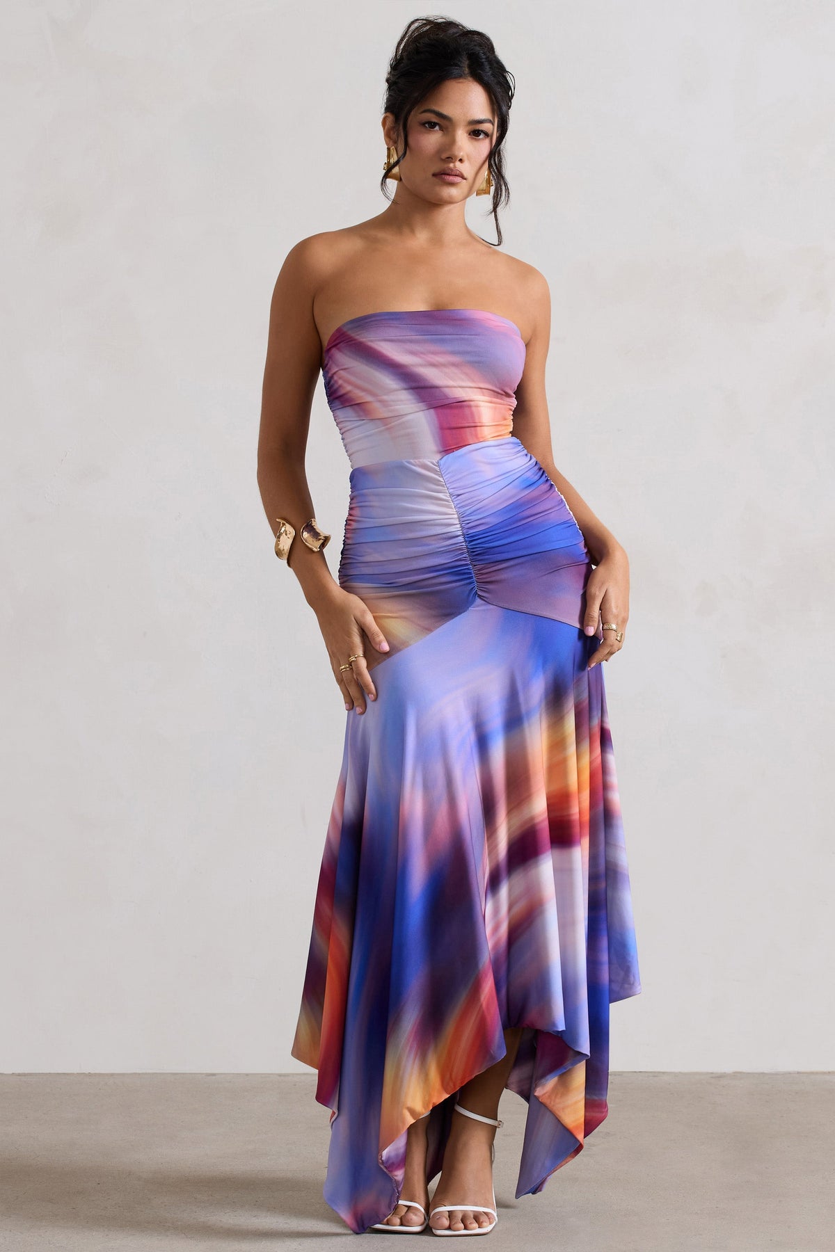 Ombre Print Ruched Bandeau Midi Dress