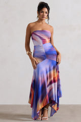 Ombre Print Ruched Bandeau Midi Dress
