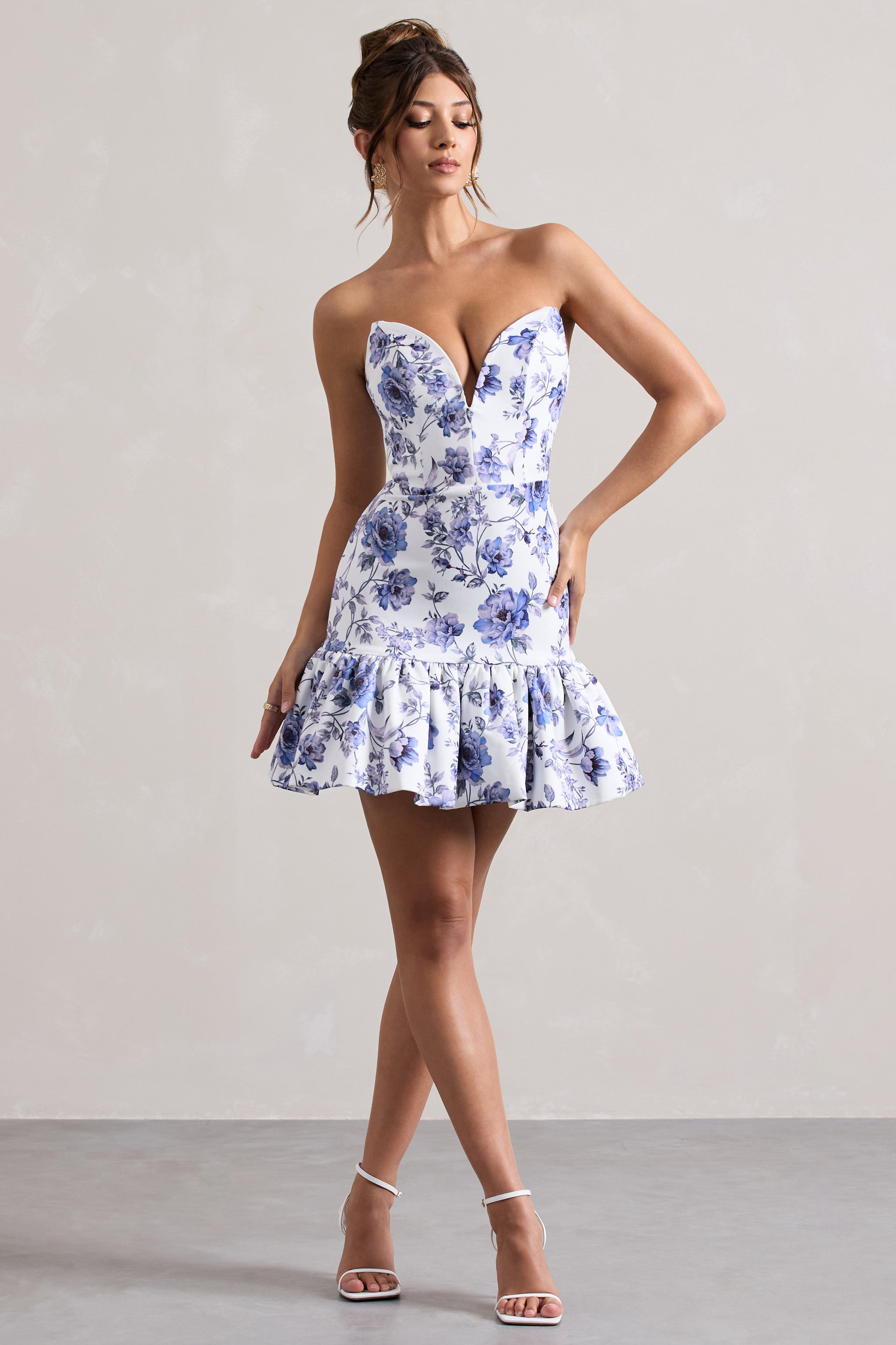 Floral Print Sweetheart Mini Dress With Ruffle Hem