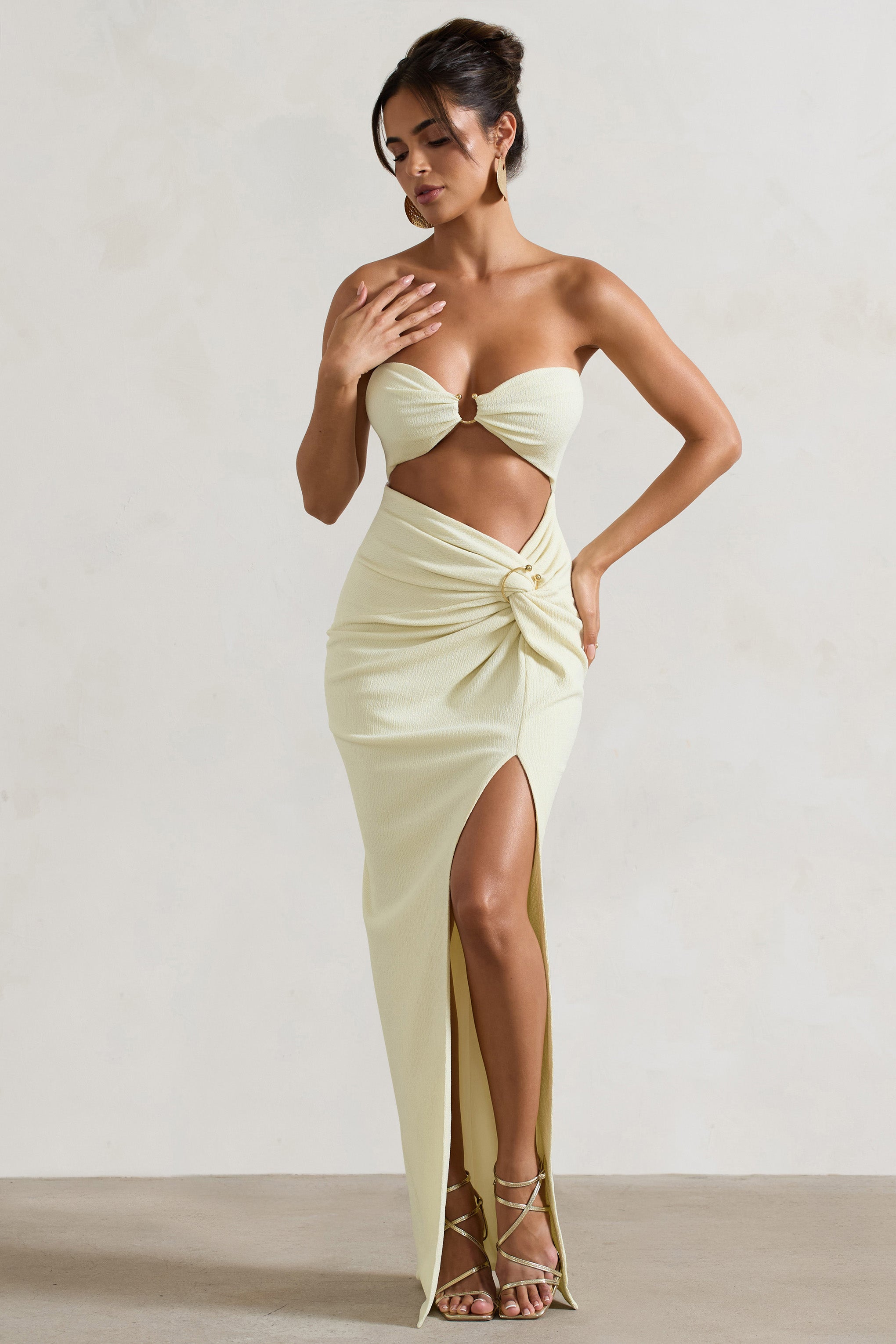 Ecru Crinkle Strapless Cut-Out Maxi Dress With Twist