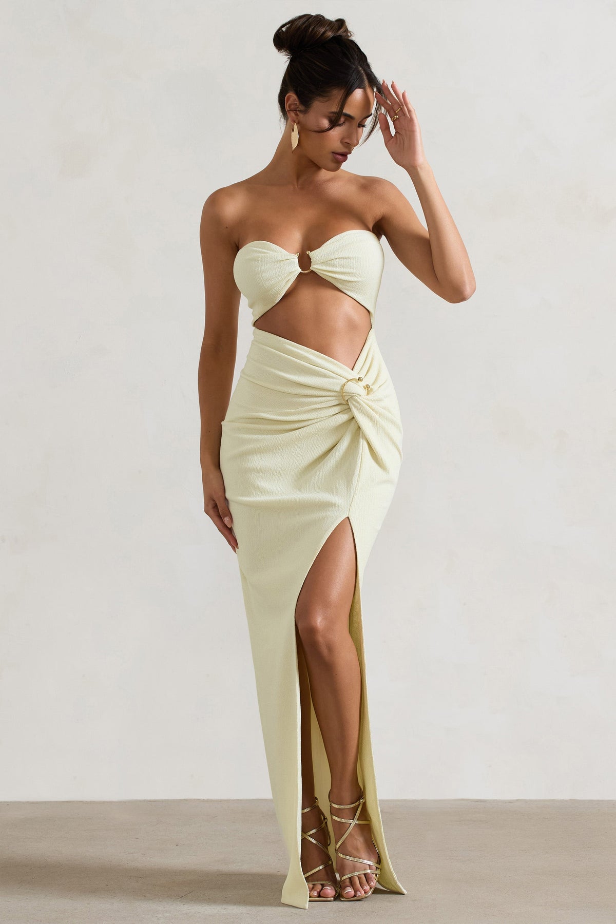 Ecru Crinkle Strapless Cut-Out Maxi Dress With Twist