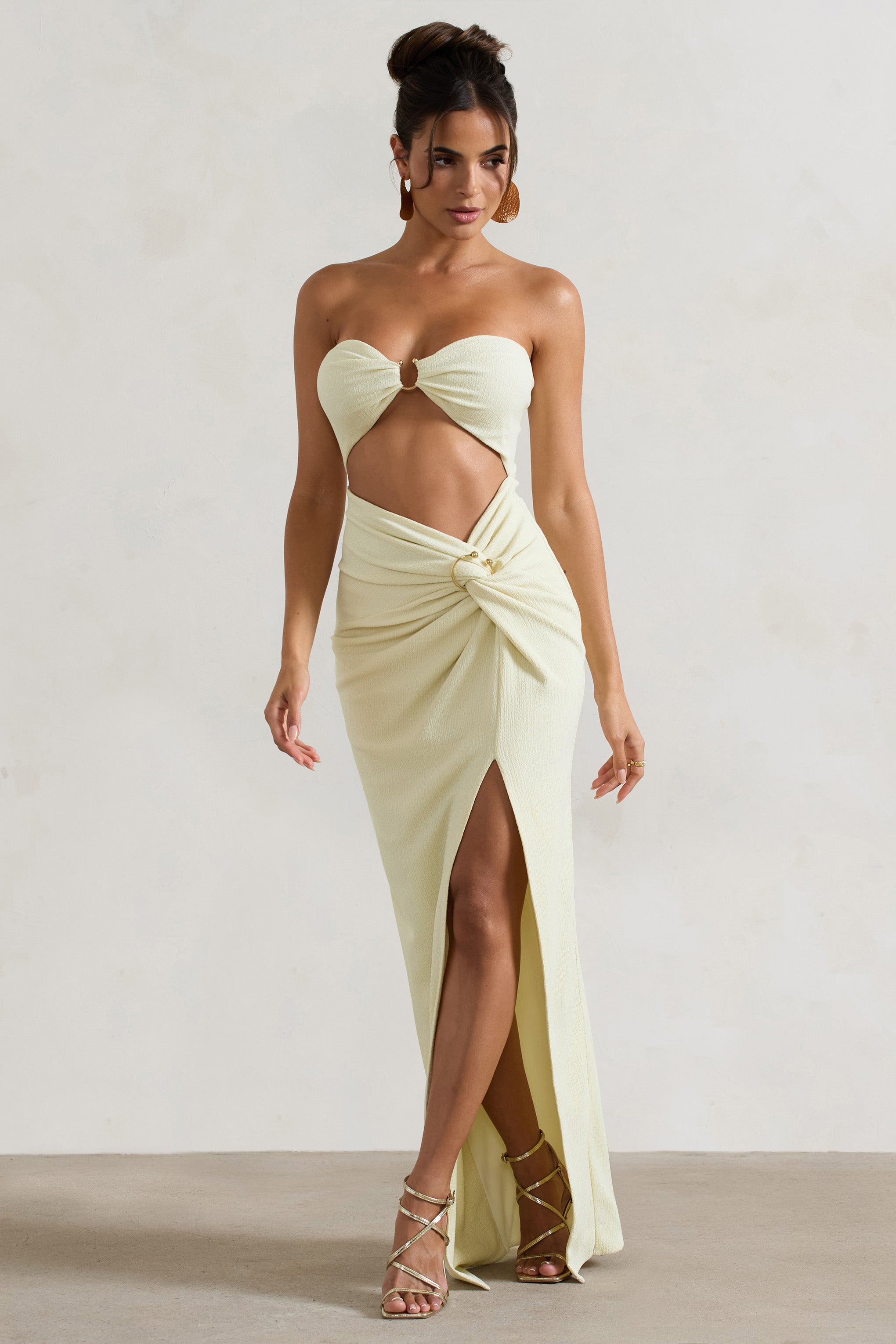 Ecru Crinkle Strapless Cut-Out Maxi Dress With Twist