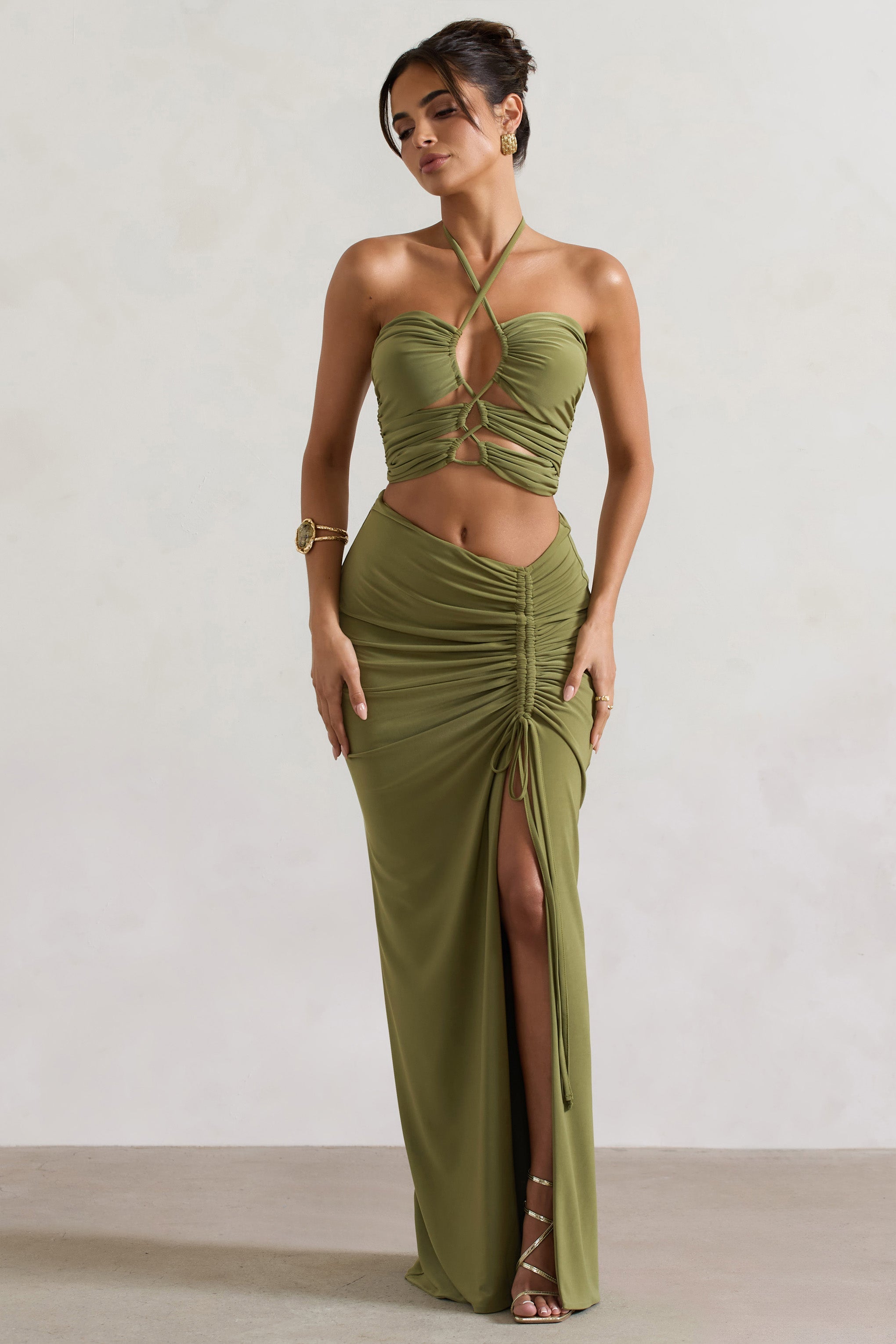 Olive Ruched Split Maxi Skirt
