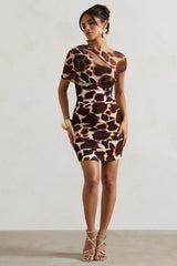Giraffe Print Ruched Mini Dress With Mesh Overlay