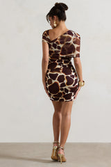 Giraffe Print Ruched Mini Dress With Mesh Overlay