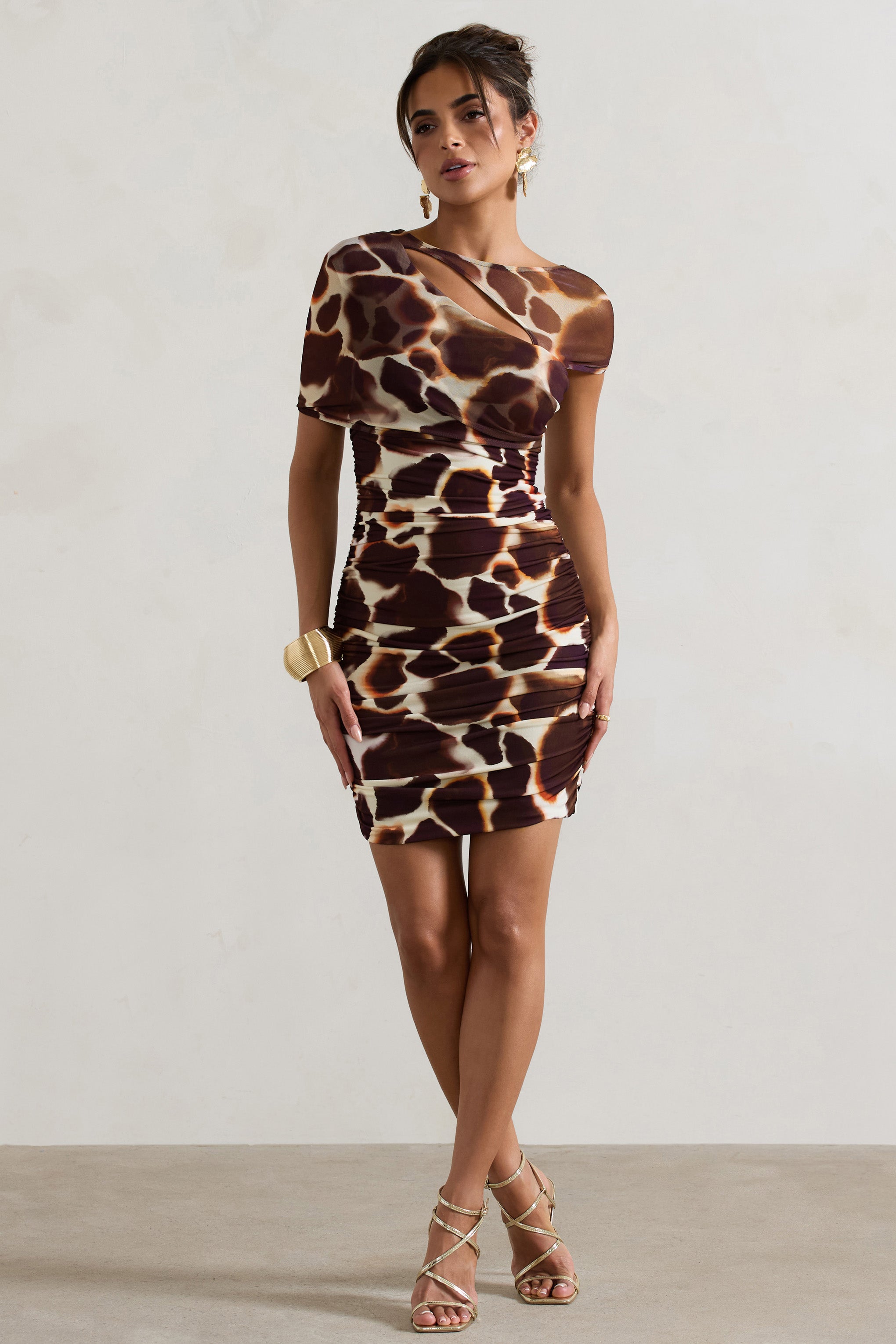 Giraffe Print Ruched Mini Dress With Mesh Overlay