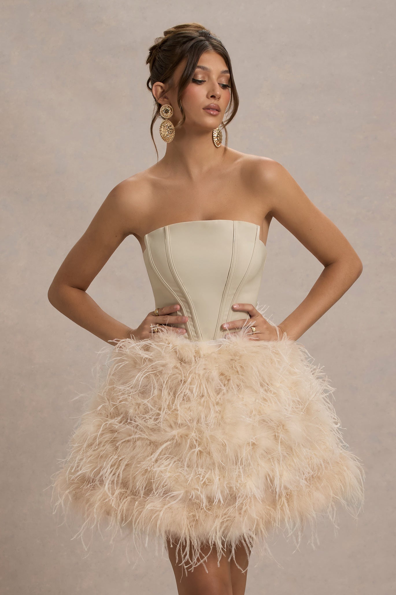 Champagne Strapless Mini Dress With Volume Feather Hem