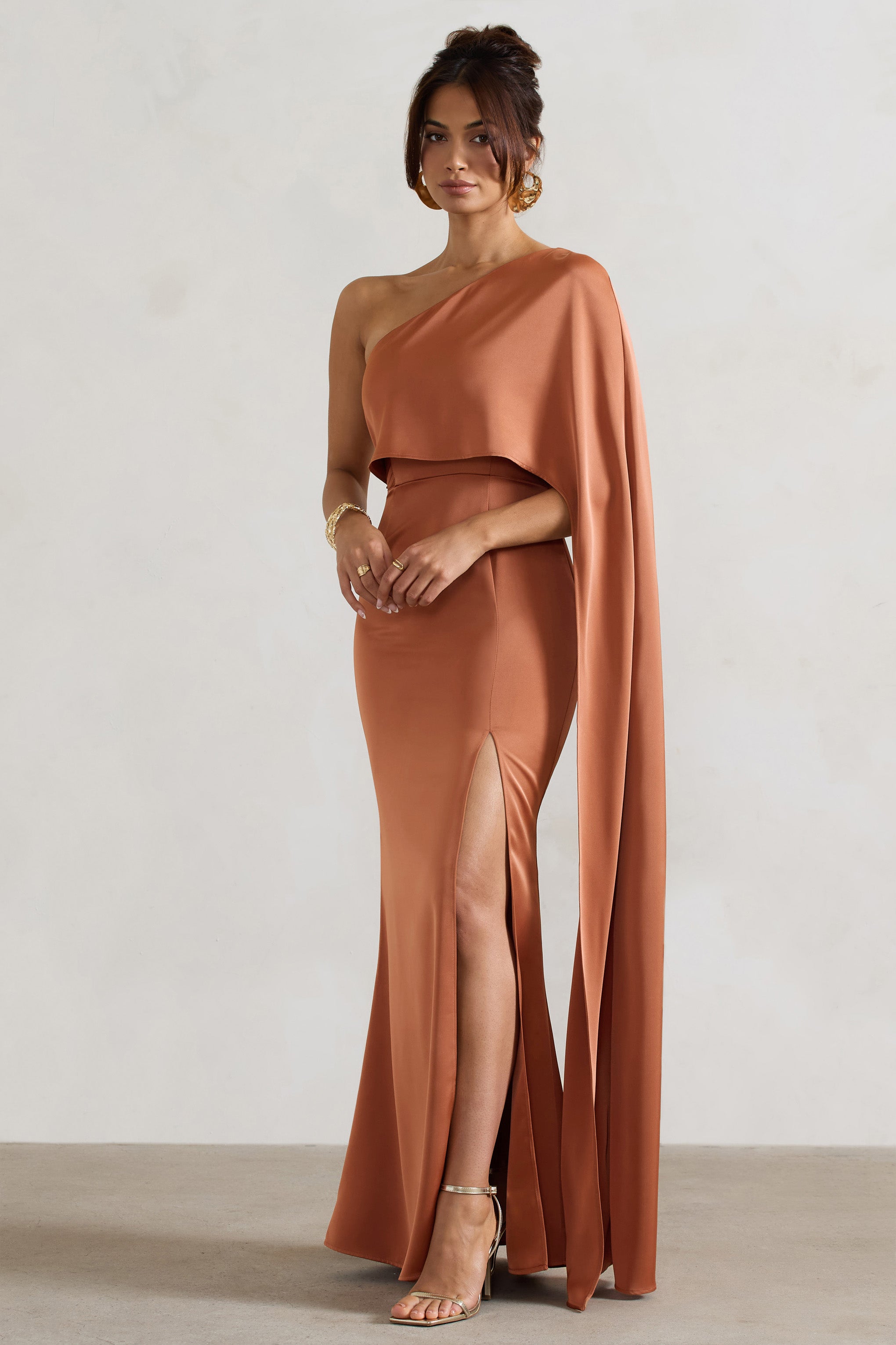 Rust Satin Asymmetric Cape-Sleeve Split Maxi Dress