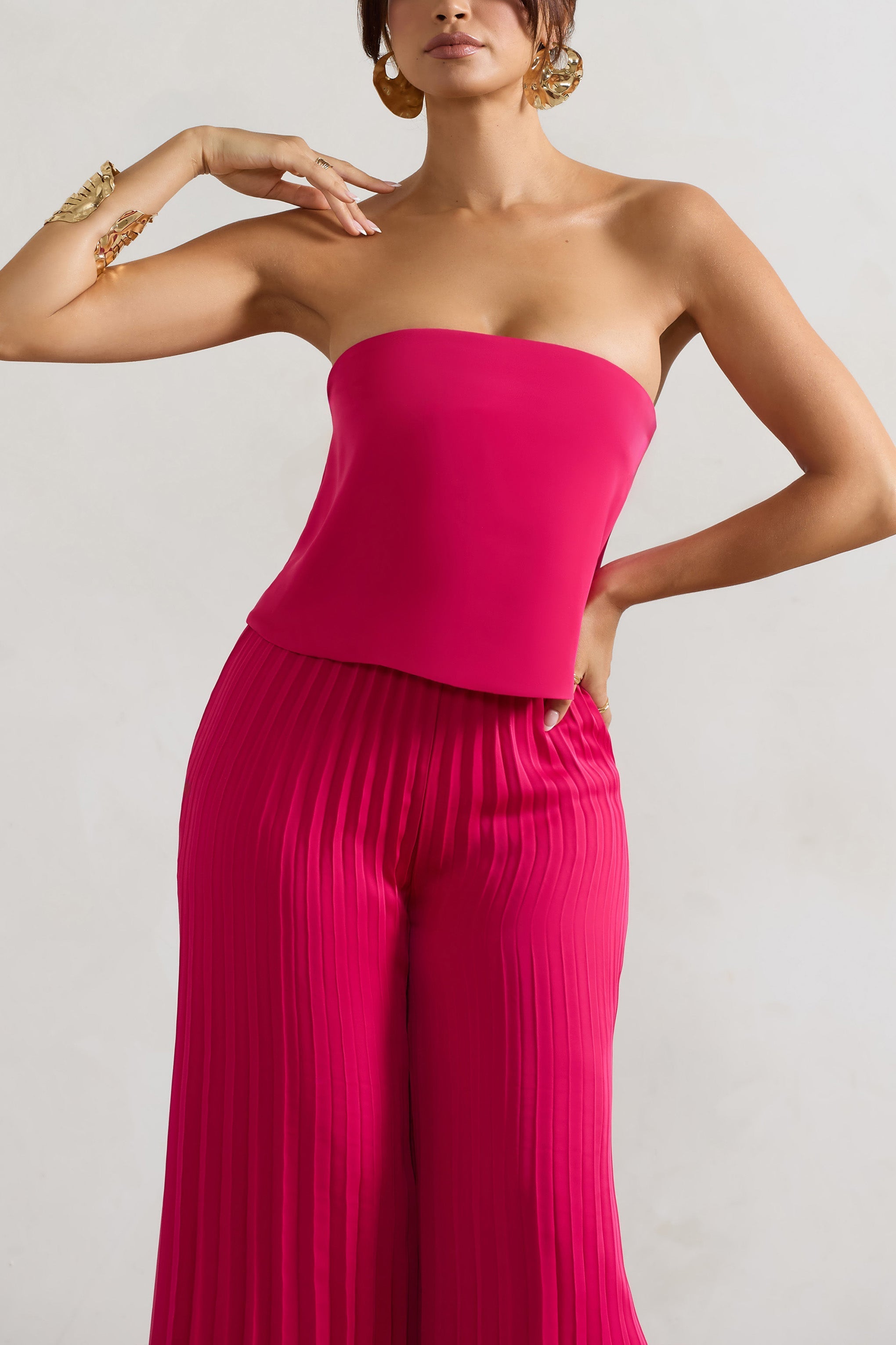 Dark Pink Satin Strapless Plisse Wide-Leg Jumpsuit