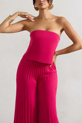 Dark Pink Satin Strapless Plisse Wide-Leg Jumpsuit