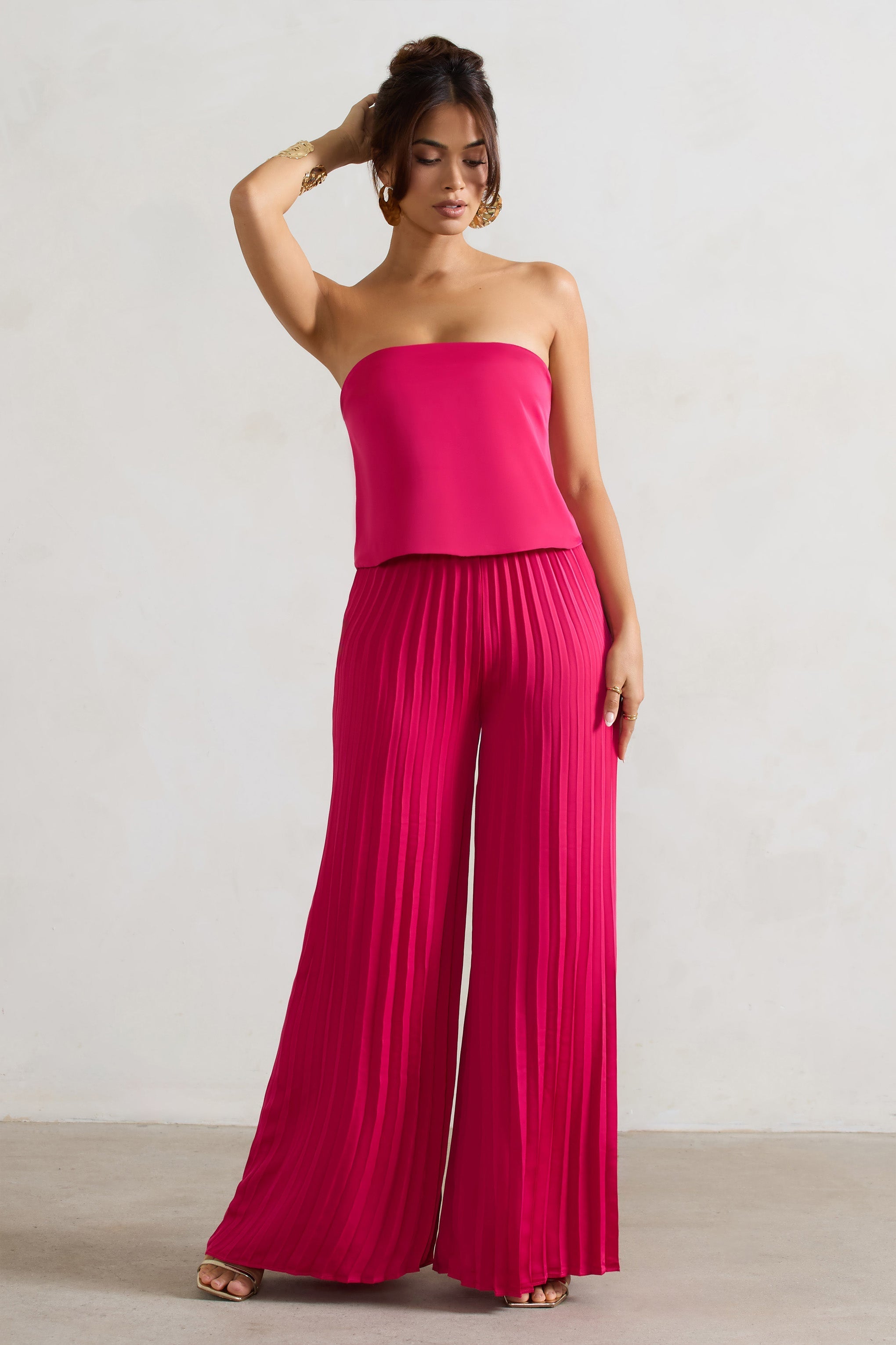 Dark Pink Satin Strapless Plisse Wide-Leg Jumpsuit