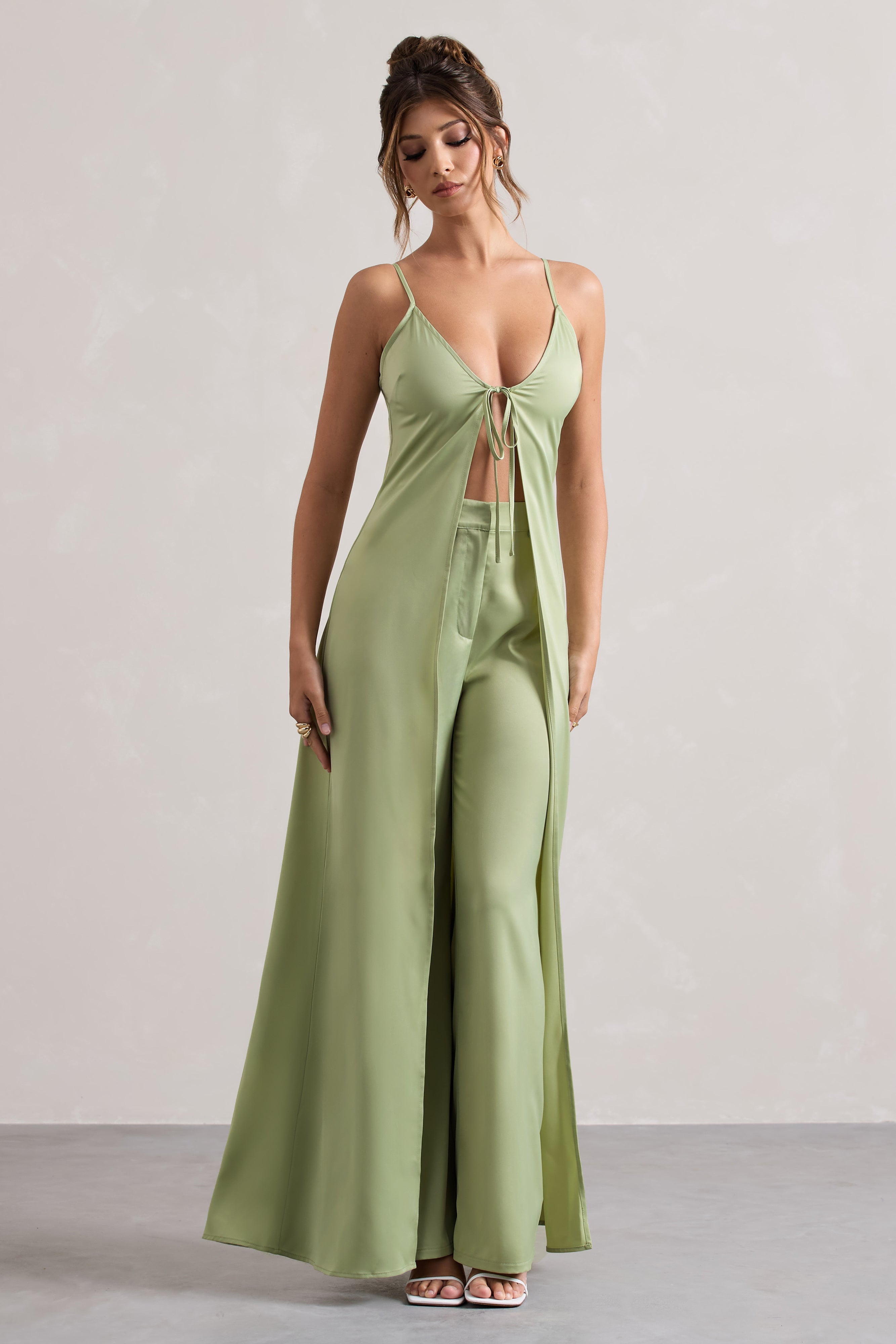 Pale Green Satin Longline Cami Top With Split Front