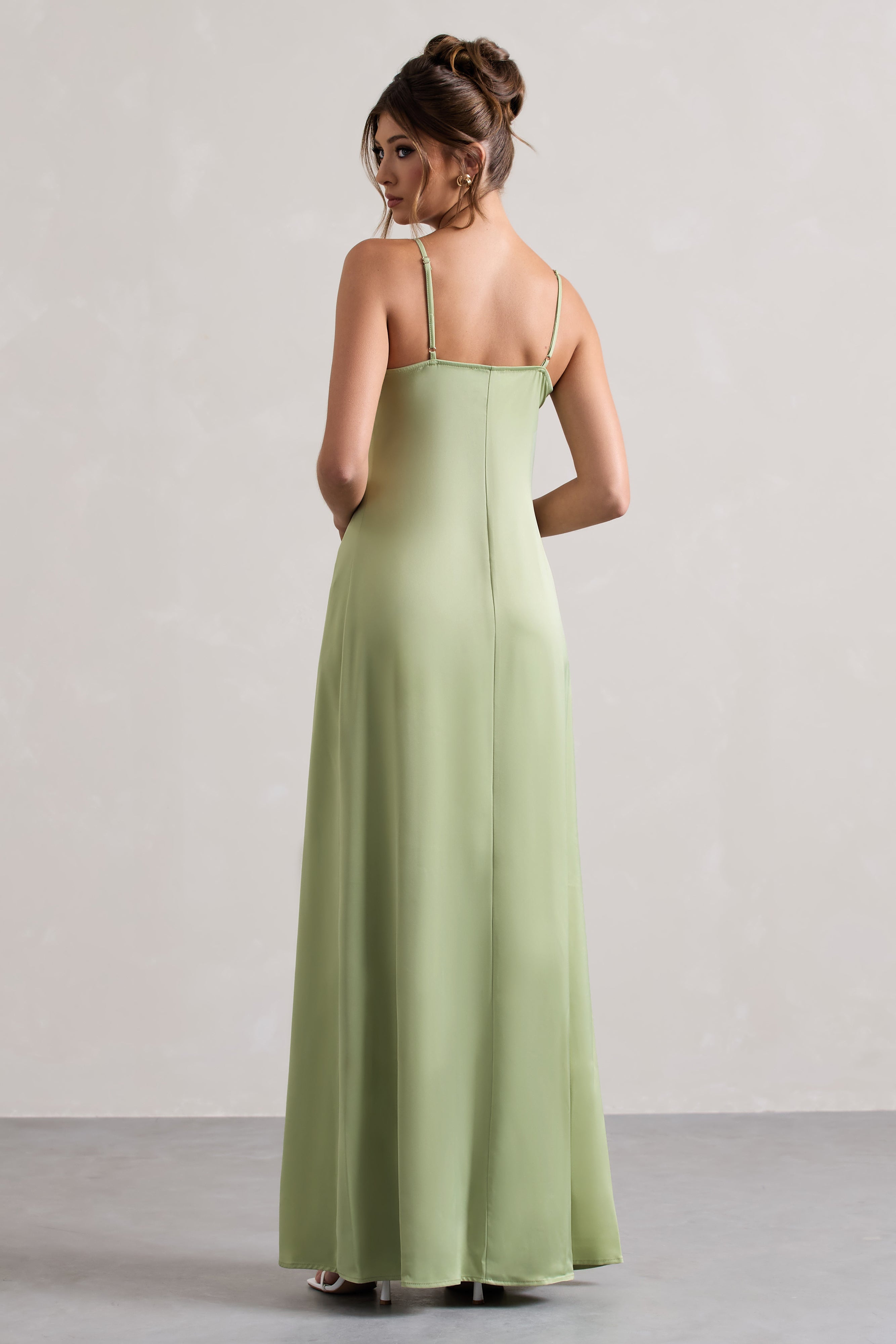 Pale Green Satin Longline Cami Top With Split Front