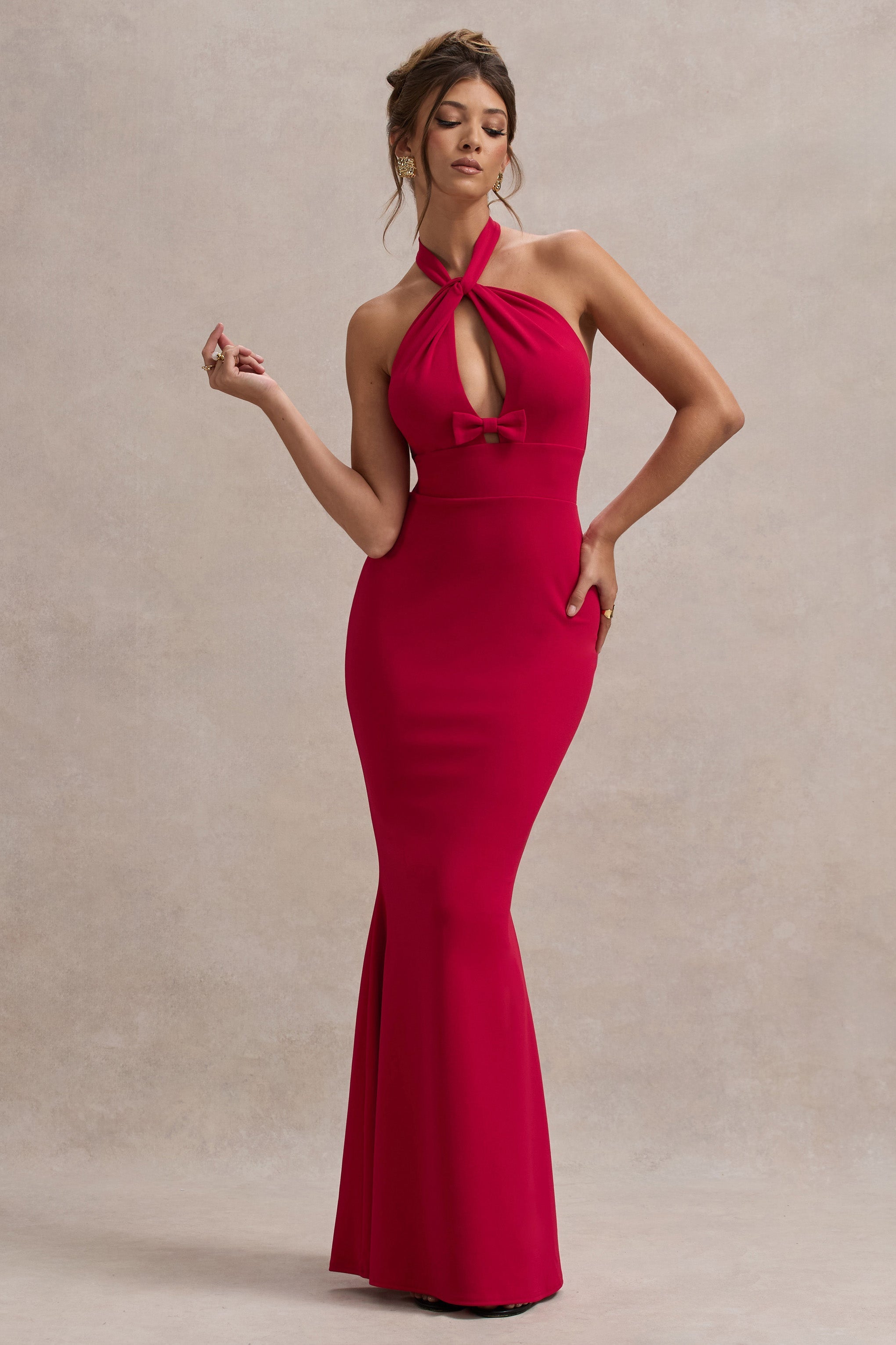 Red Halter-Neck Cut-Out Maxi Dress With Bow