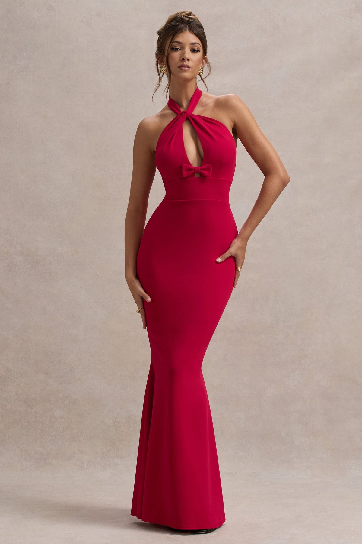 Red Halter-Neck Cut-Out Maxi Dress With Bow