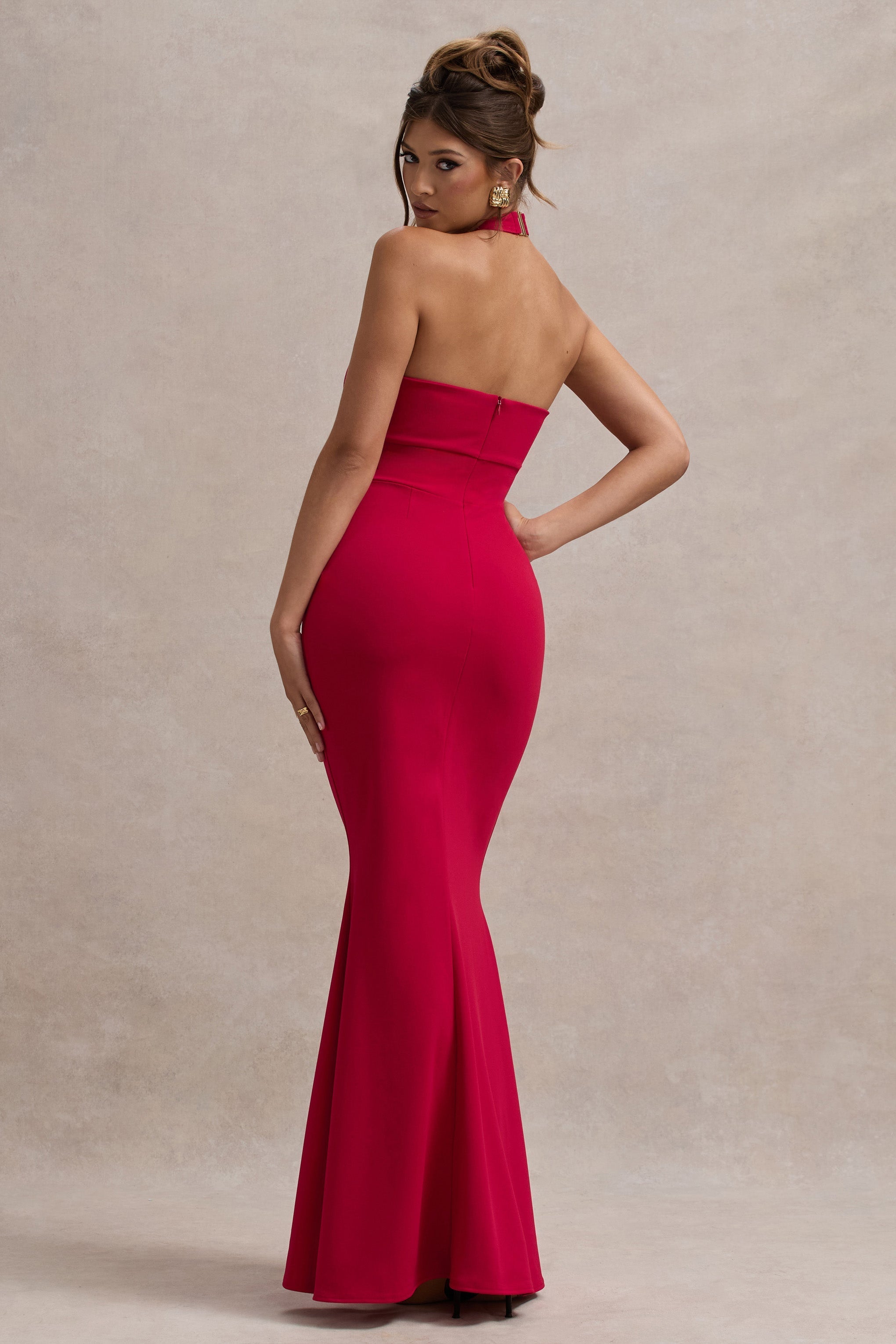 Red Halter-Neck Cut-Out Maxi Dress With Bow