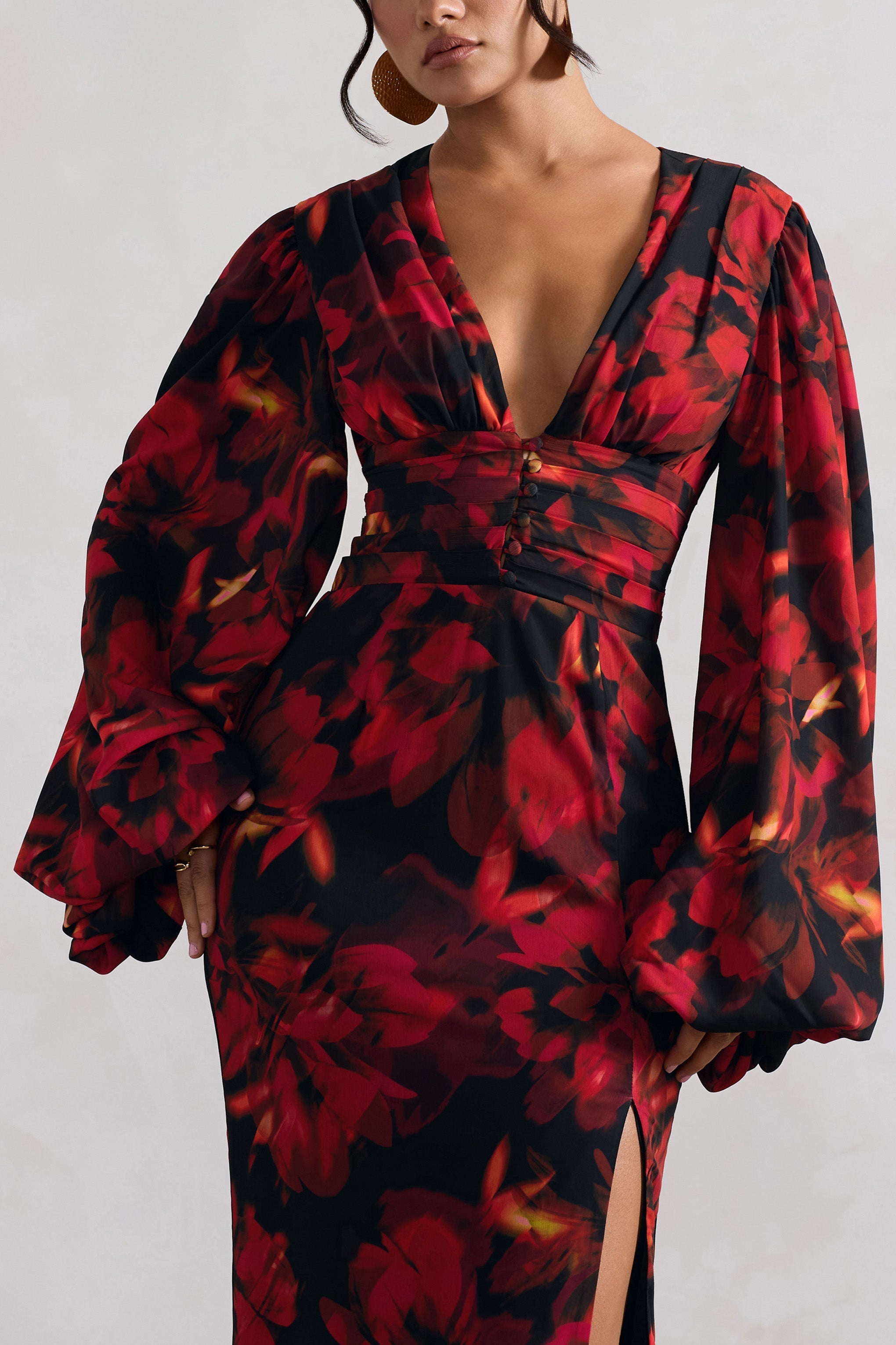 Red Floral Print V-Neck Balloon Sleeve Maxi Dress