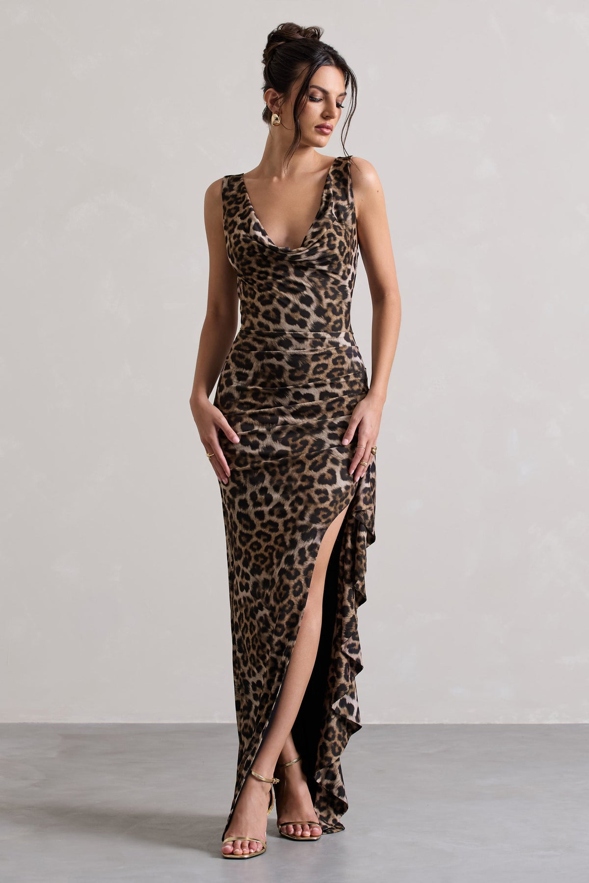 Leopard Print Cowl-Neck Ruffled Split Maxi Dress