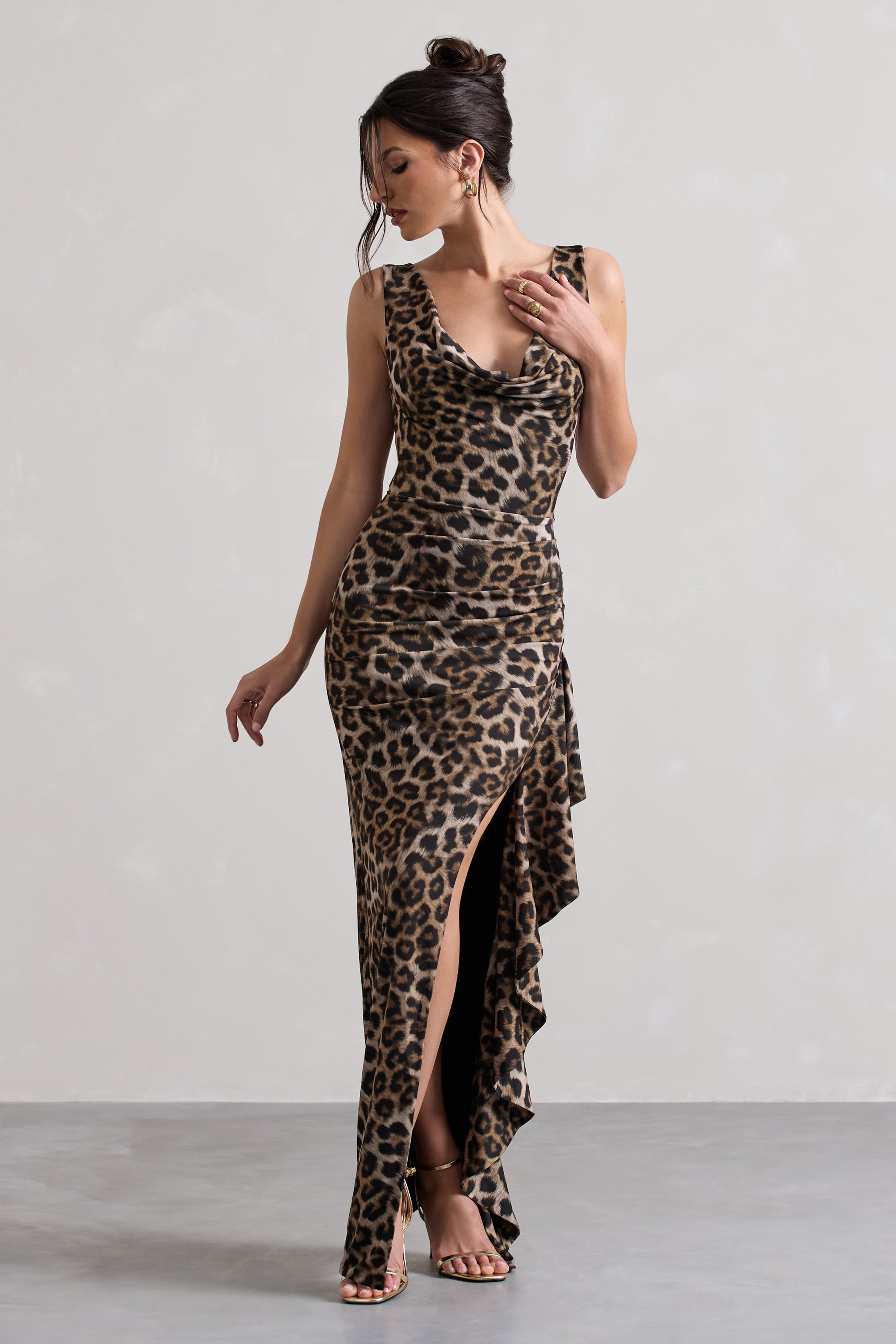 Leopard Print Cowl-Neck Ruffled Split Maxi Dress