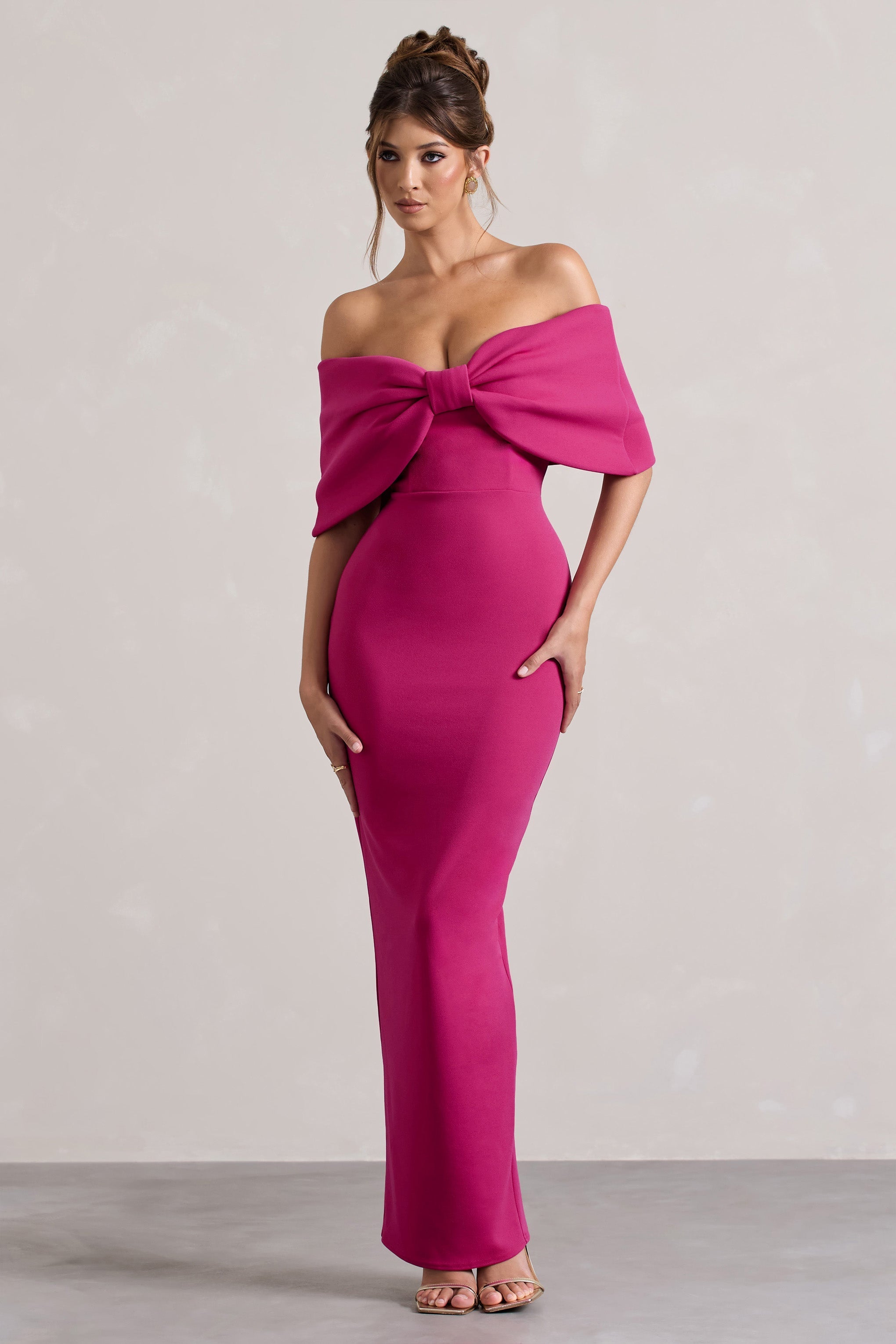 Hot Pink Strapless Maxi Dress With Oversized Bow