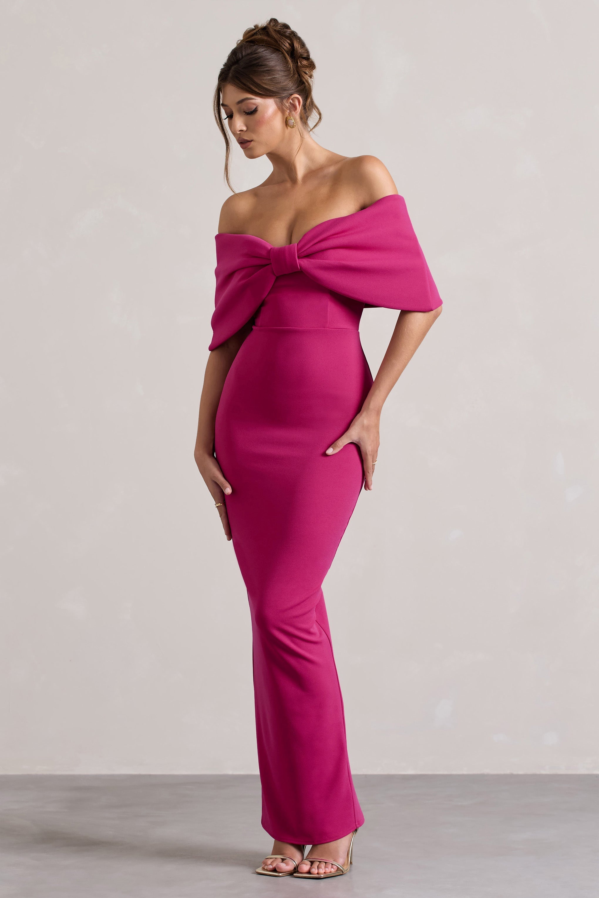 Hot Pink Strapless Maxi Dress With Oversized Bow