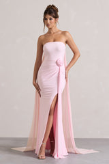 Pink Strapless Wrap Cape Maxi Dress With Corsage