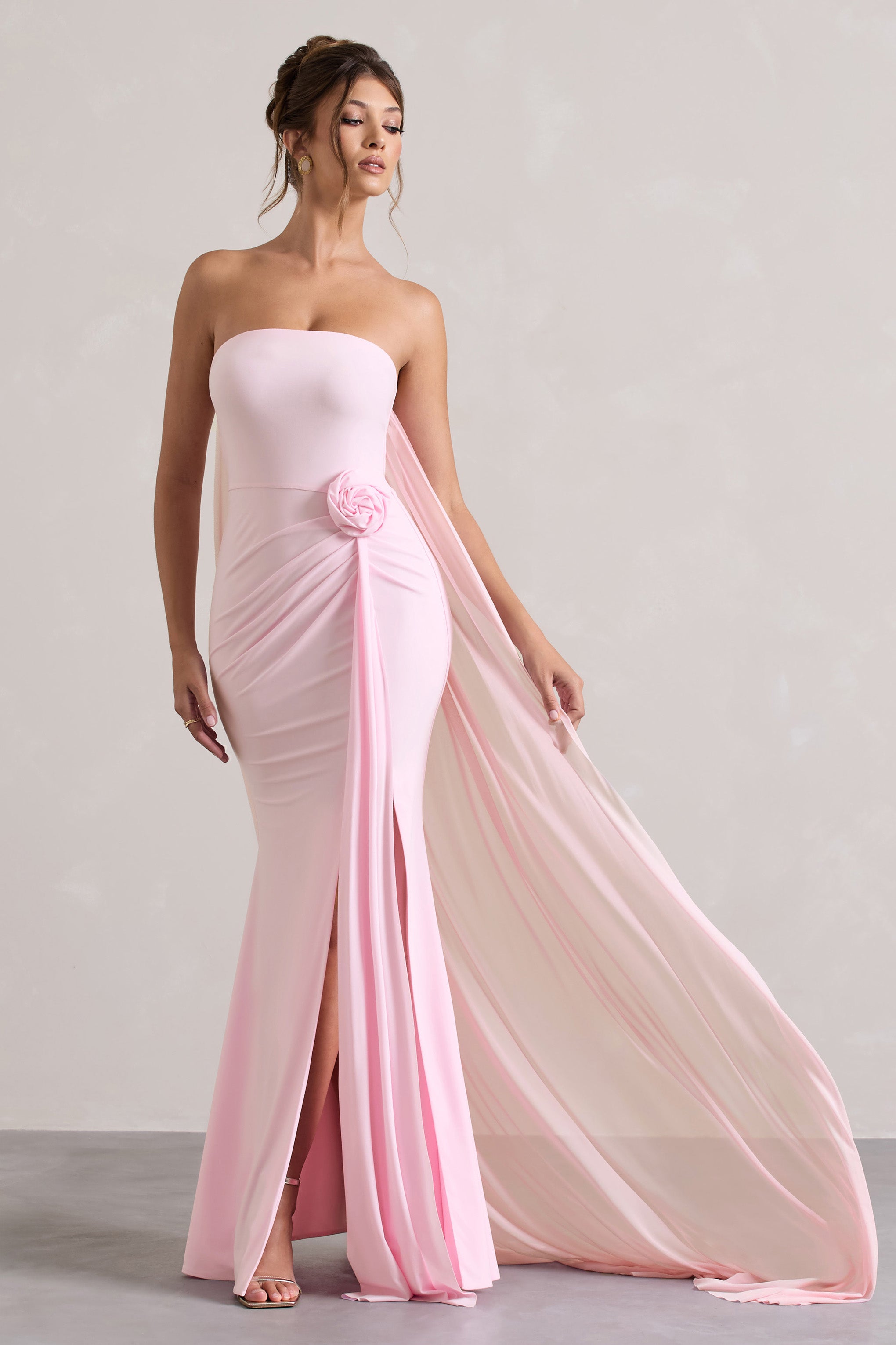 Pink Strapless Wrap Cape Maxi Dress With Corsage