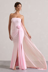 Pink Strapless Wrap Cape Maxi Dress With Corsage