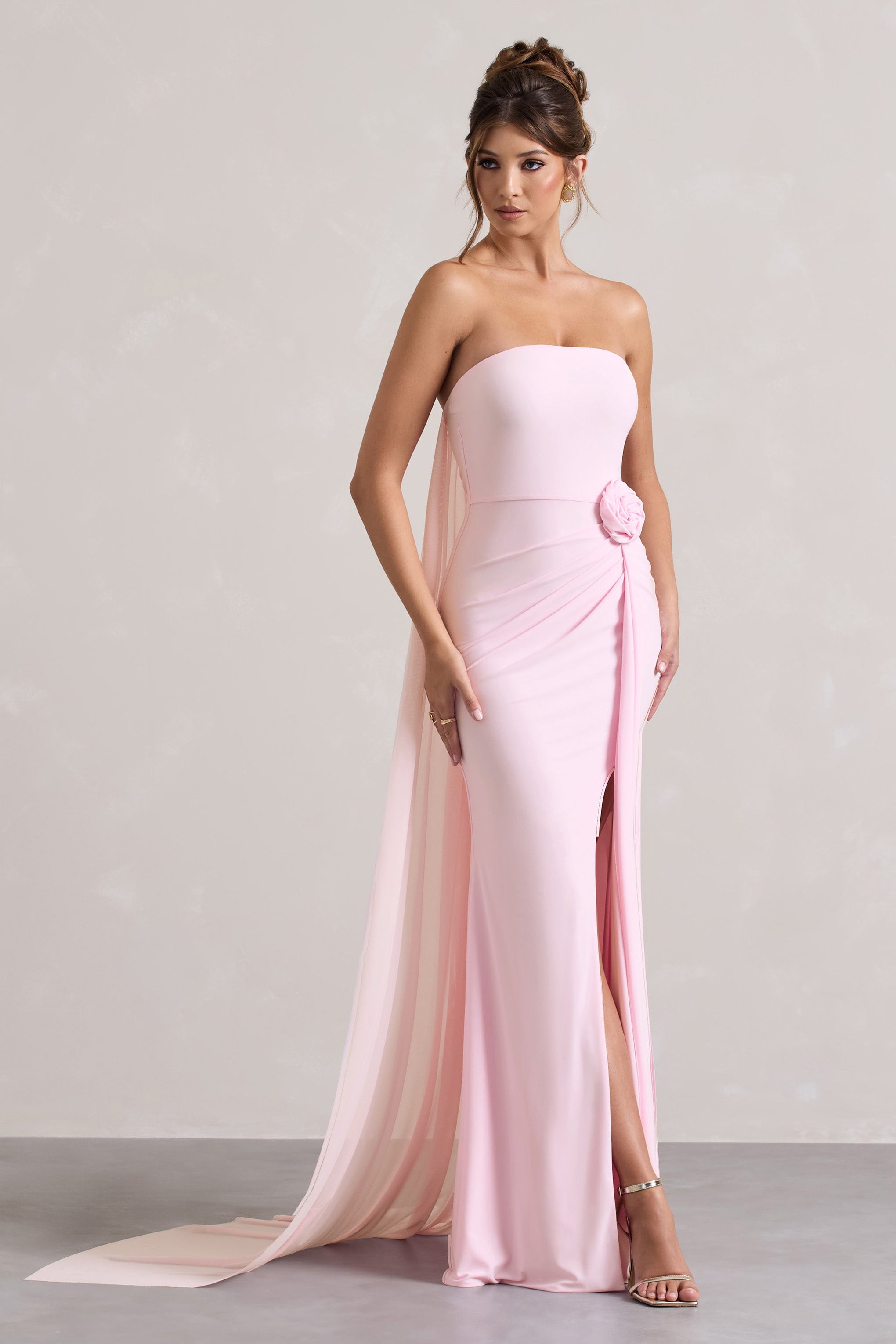 Pink Strapless Wrap Cape Maxi Dress With Corsage