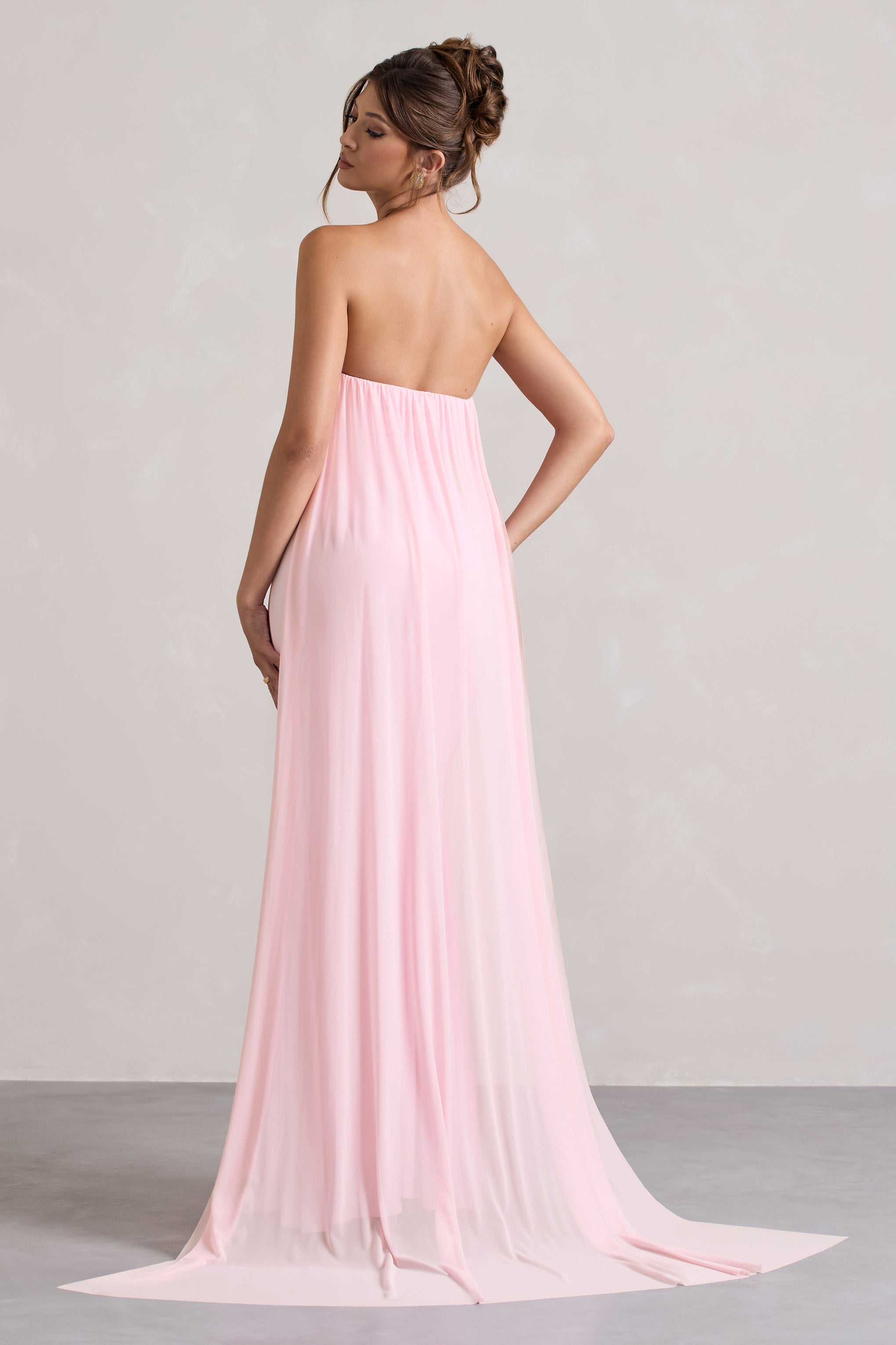 Pink Strapless Wrap Cape Maxi Dress With Corsage