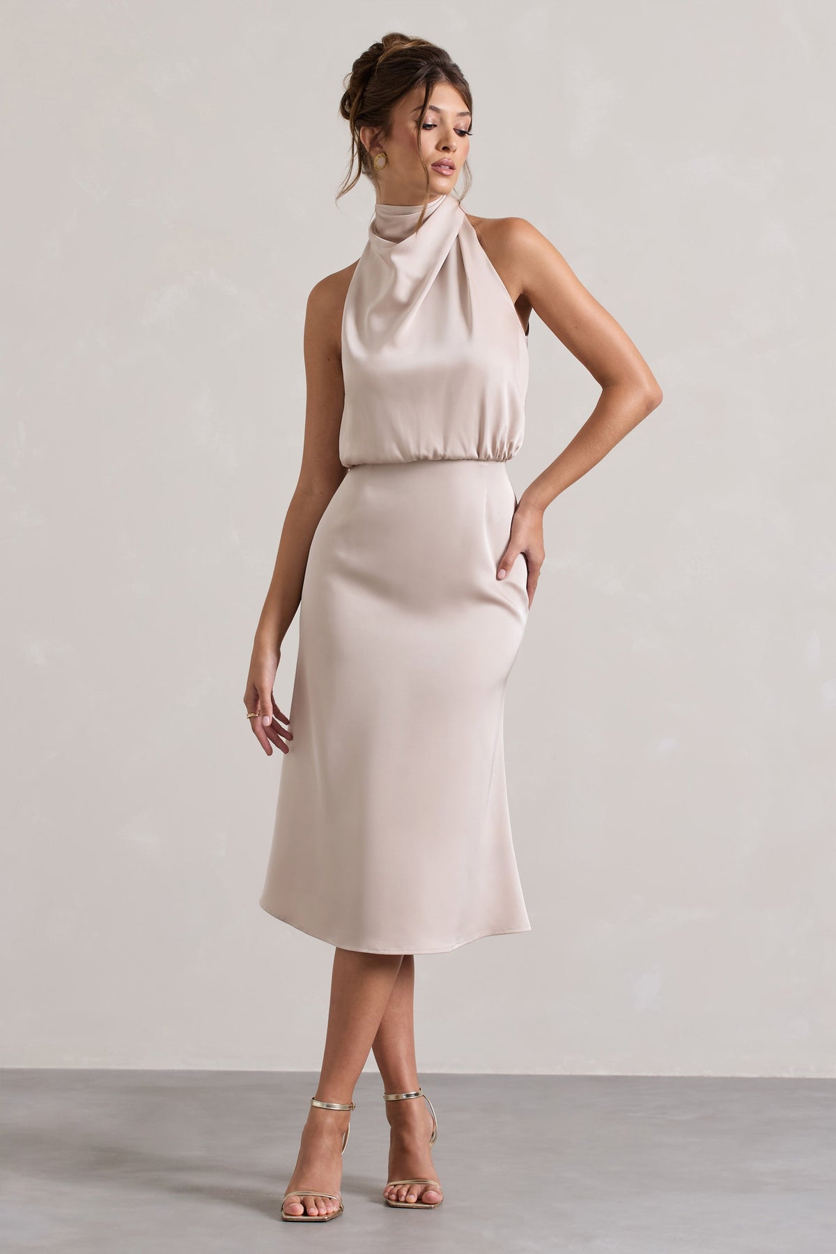 Champagne Satin Twisted High-Neck Midi Dress