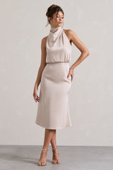 Champagne Satin Twisted High-Neck Midi Dress
