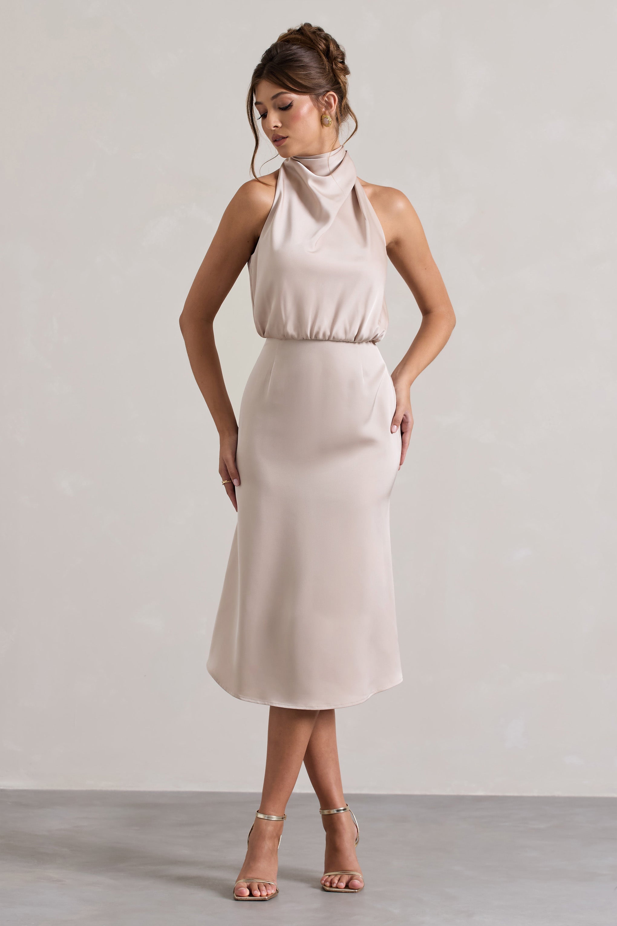 Champagne Satin Twisted High-Neck Midi Dress
