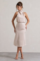 Champagne Satin Twisted High-Neck Midi Dress