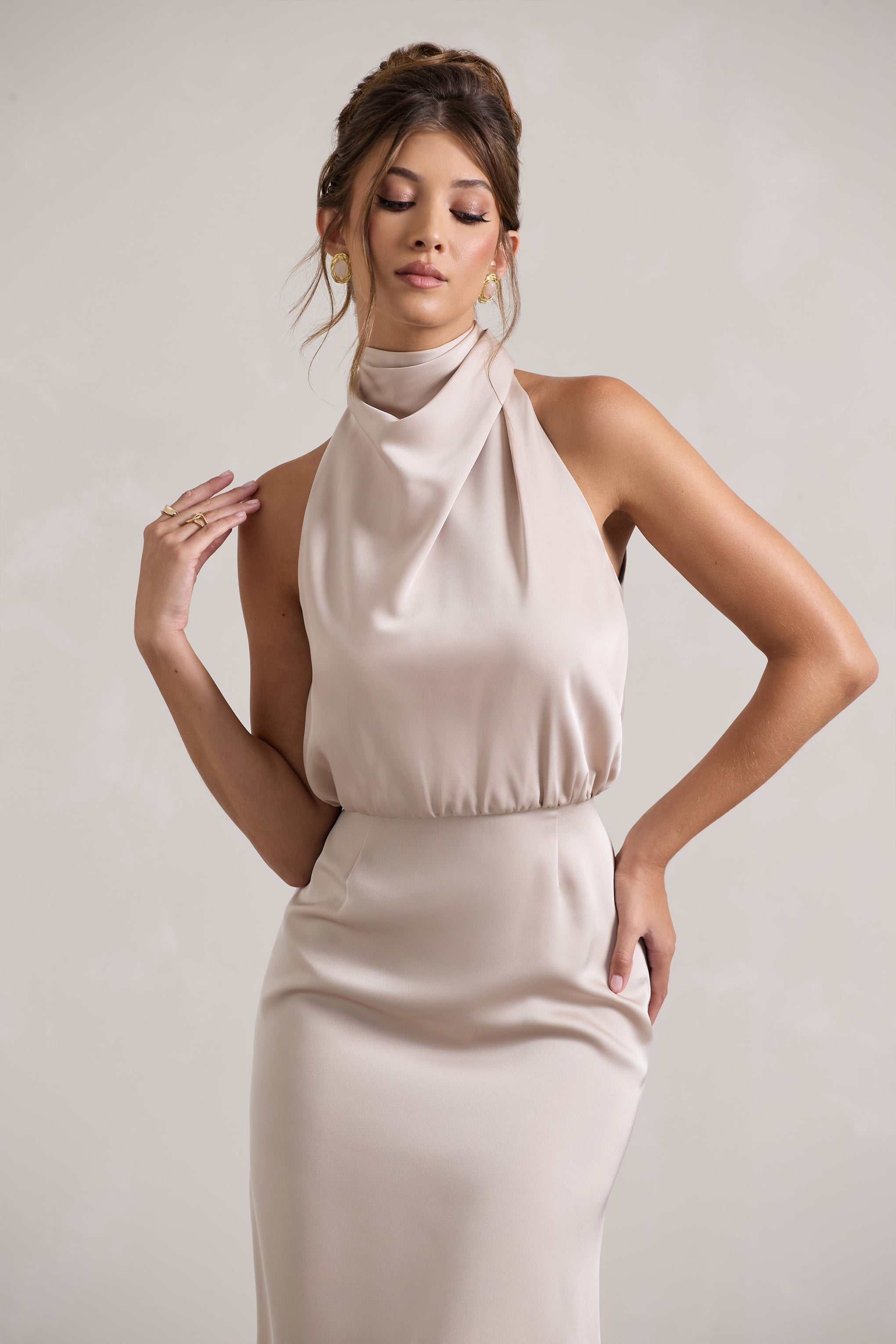 Champagne Satin Twisted High-Neck Midi Dress